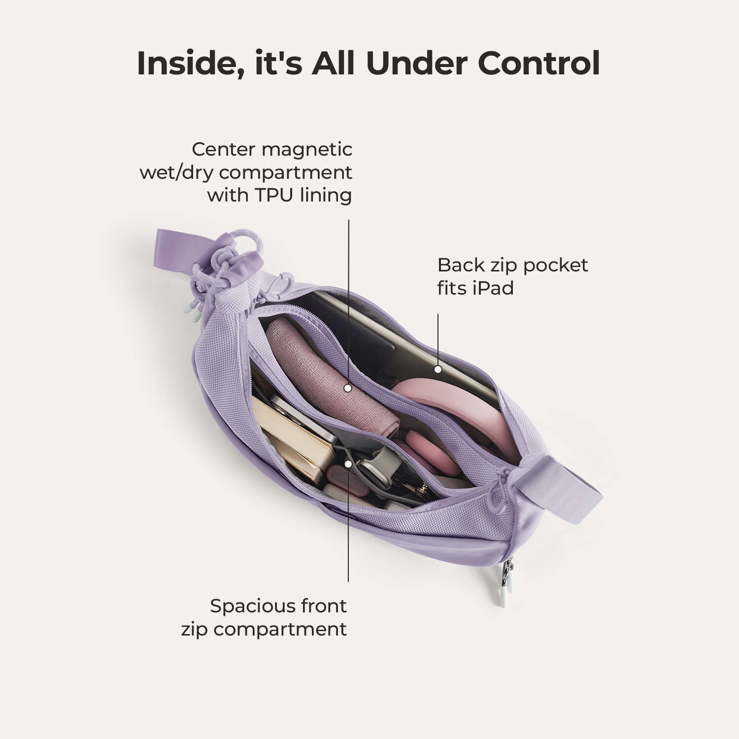 Inside, it's All Under Control

- Center magnetic wet/dry compartment with TPU lining
- Back zip pocket fits iPad
- Spacious front zip compartment