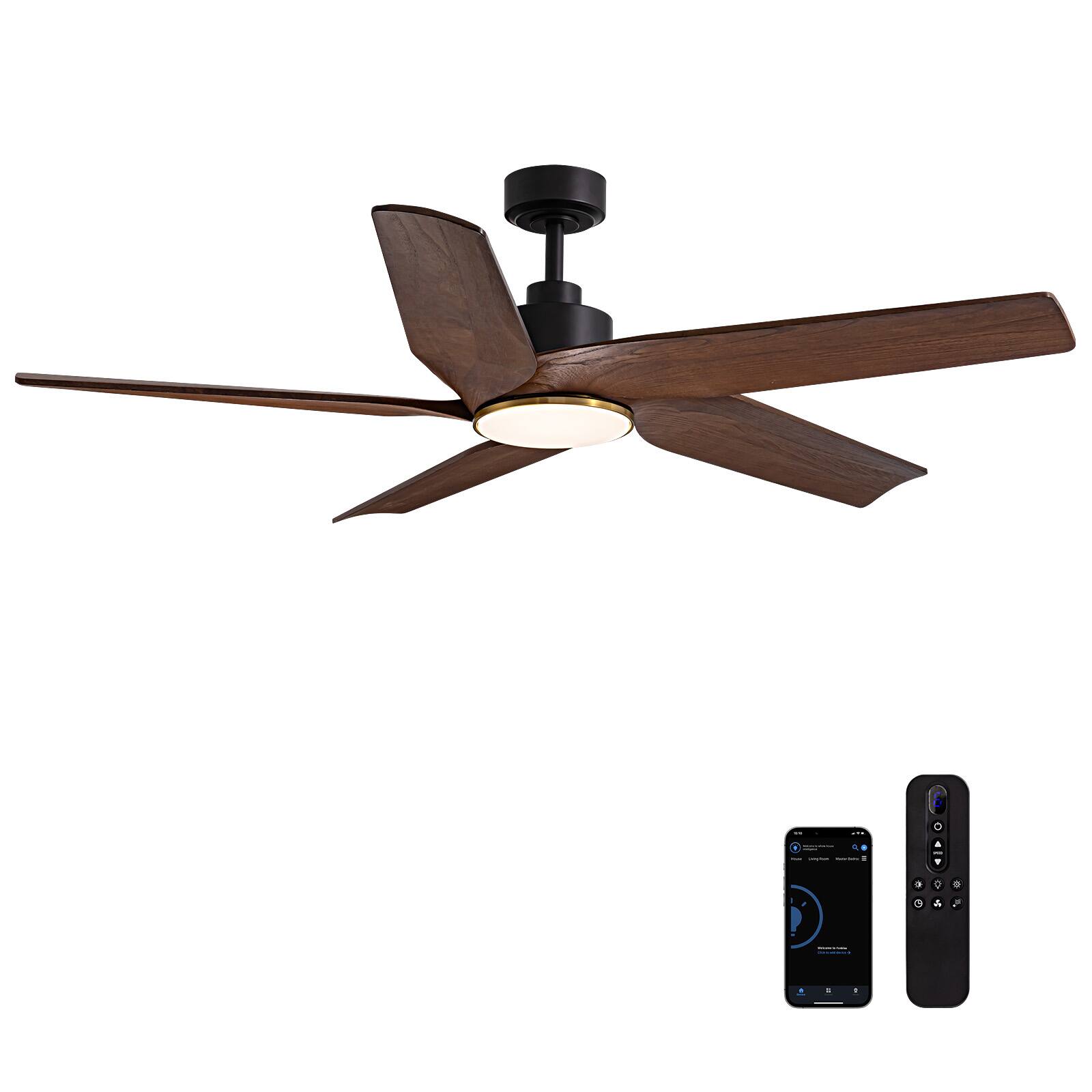 Alt View 4. Siljoy - 60 Inch Walnut Wood Ceiling Fan with Lights, 6-Speed Reversible DC Motor for Living Room/Farmhouse/Patio - Wood.