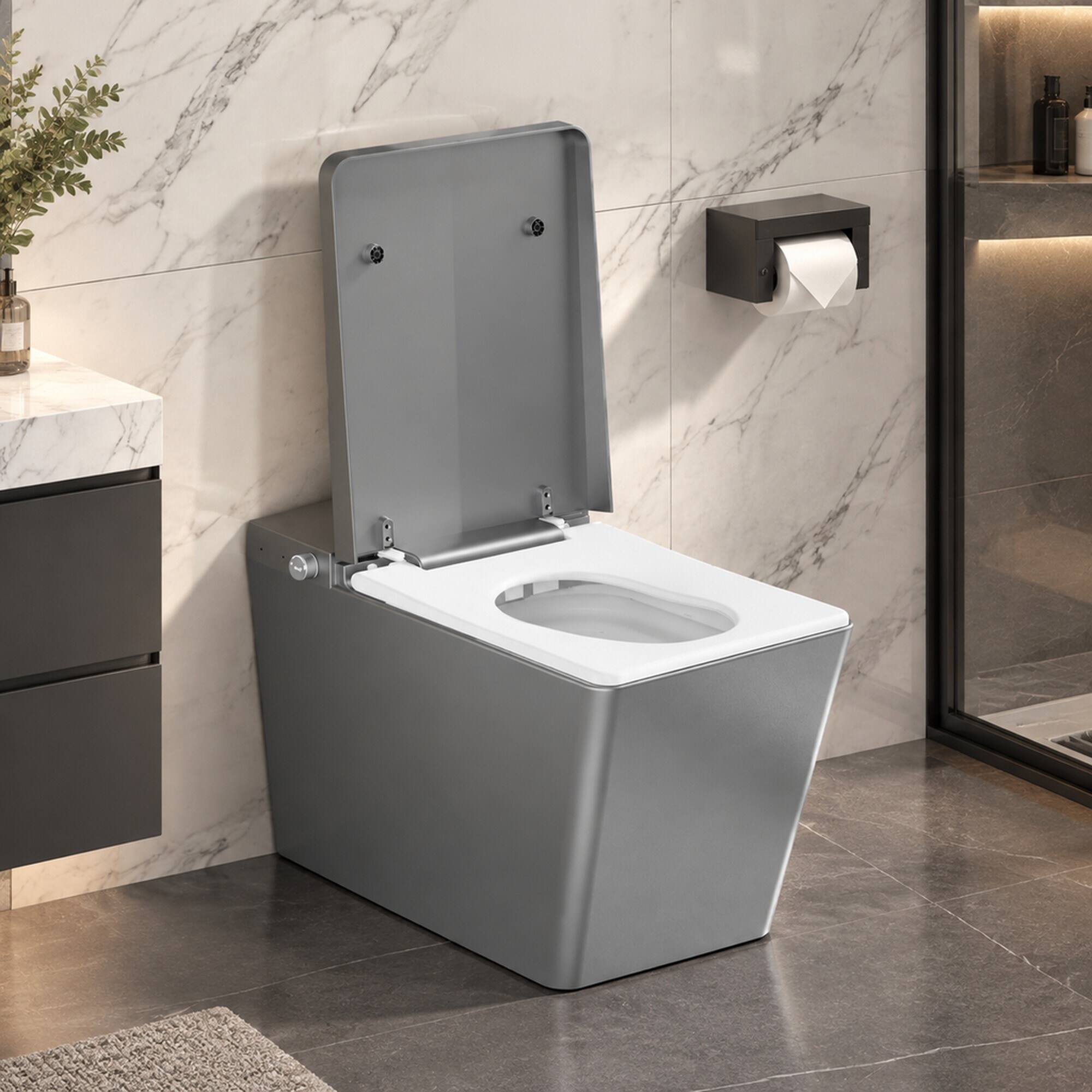 Alt View 1. RYHNUYNE - Square Matte Grey Smart Bidet Toilet, Built-in Tank Remote Foot Touch Auto Flush Heated Seat LED Display User Memory - Matte Gray.