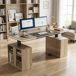 Famapy - Electric Height Adjustable Desk with RGB Light & Dual Storage –Swappable Cabinets,2AC+3USB Outlet,Sit Stand Workstation - Wooden