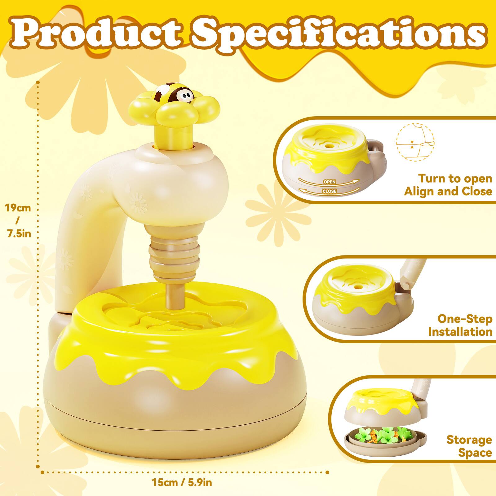 Product Specifications

- 19cm / 7.5in
- Turn to open
- Align and Close
- One-Step Installation
- Storage Space
- 15cm / 5.9in