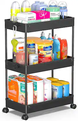 Wikistore - Slim Rolling Storage Cart, 3-Tier Bathroom Organizer for Kitchen, Office, Laundry - Black