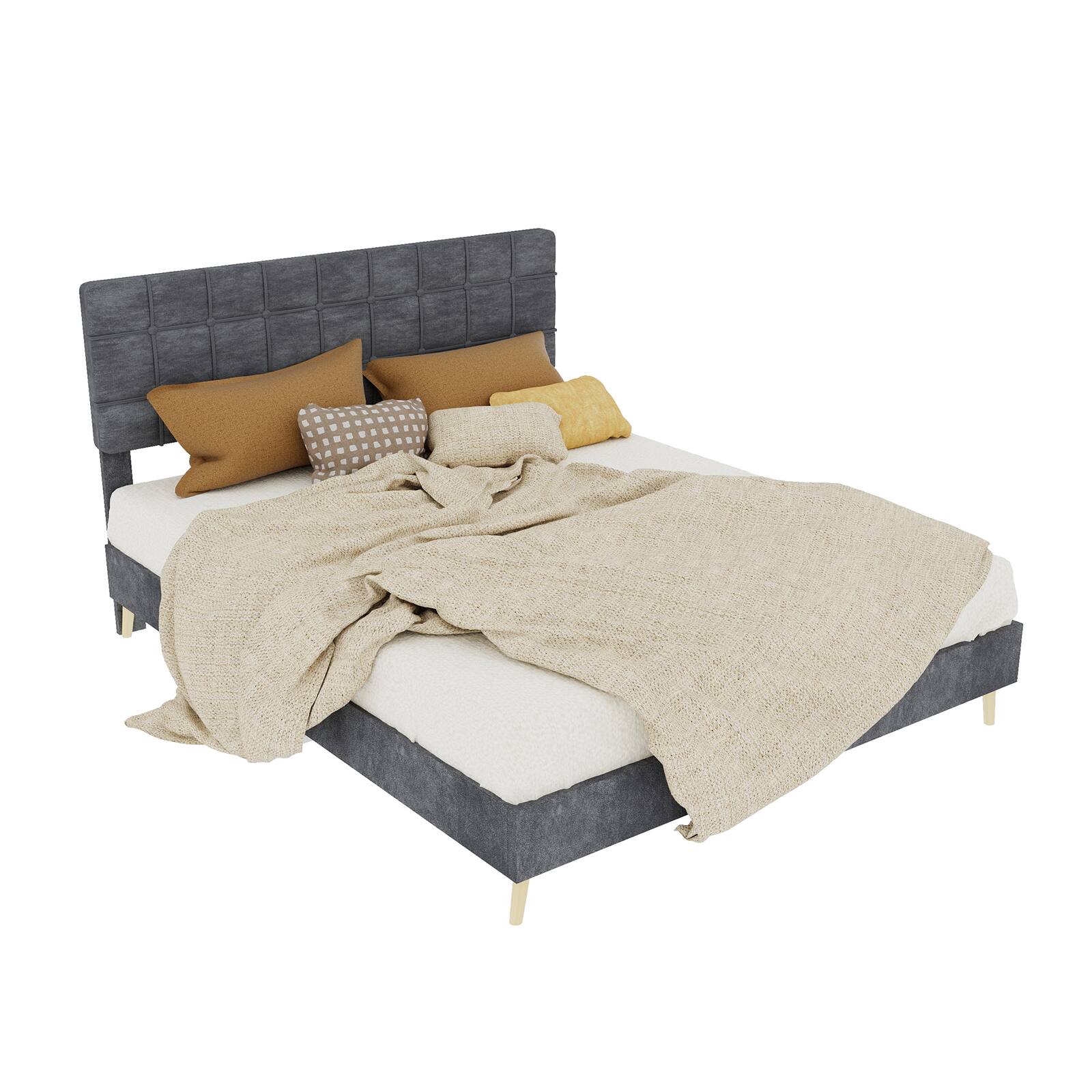 Alt View 5. Loheer - Loheer Upholstered Queen Bed Frame Gray Platform Bed with Soft Headboard Modern Minimalist - Grey.