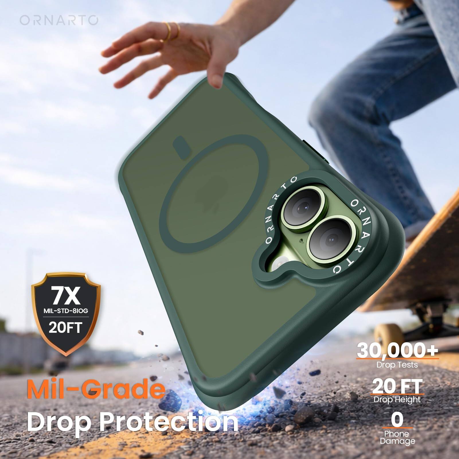 ORNARTO  
ORNARTO  
7X MIL-STD-810G 20FT  
Mil-Grade Drop Protection  
30,000+ Drop Tests  
20 FT Drop Height  
0 Phone Damage