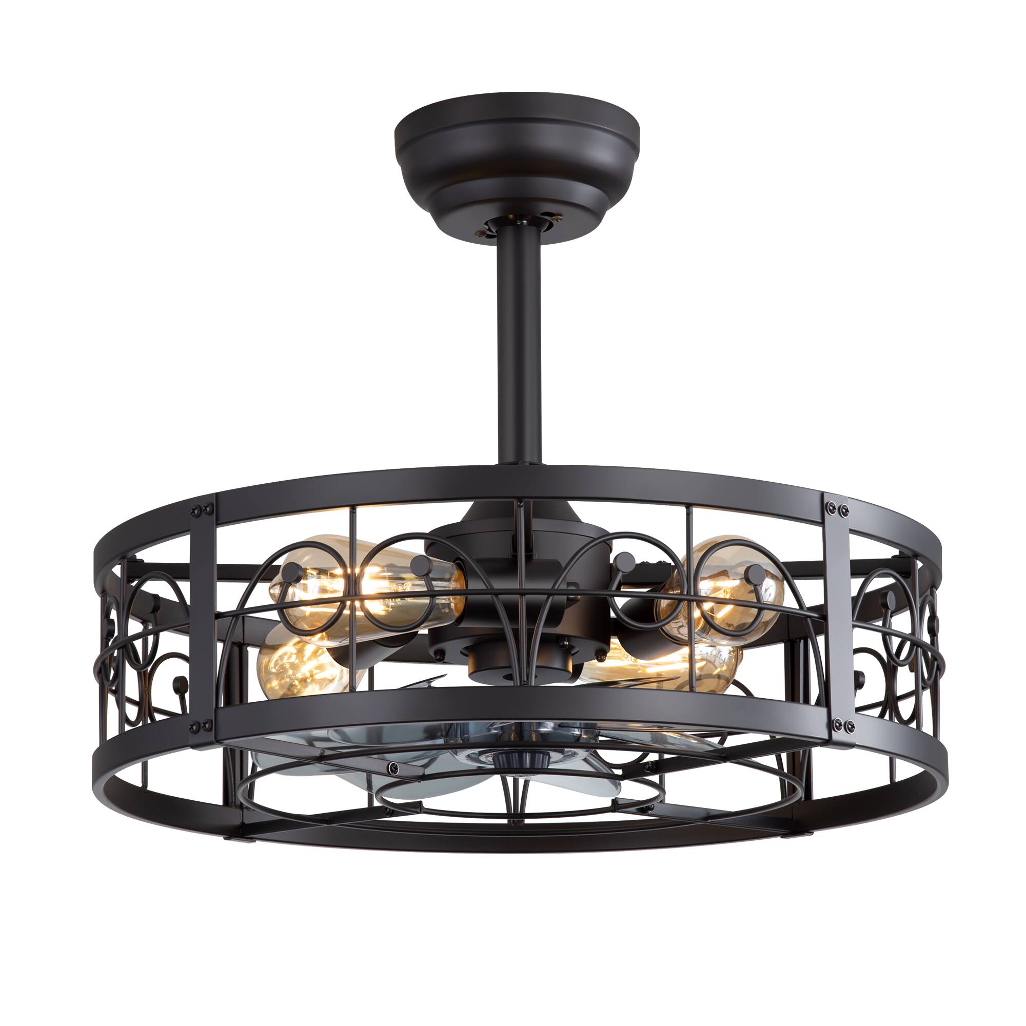 Angle. Breezary - 20'' Indoor Caged Ceiling Fan with with Light Kit and Remote, KD Version, 7 ABS Blades, 6-Speed DC Motor, Timer - Matte Black.