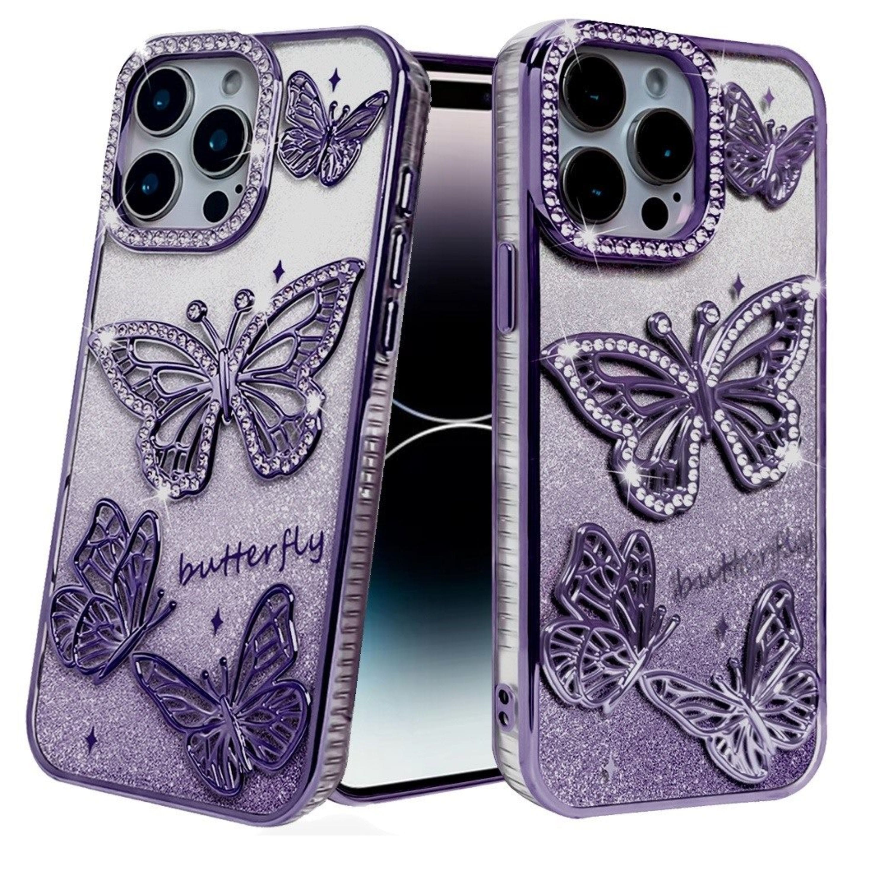 Kitcheniva - Bling Butterflies 3D Glitter Cover Plus Tempered Glass For iPhone 15 Pro Max - Purple price history on PriceWatchPro