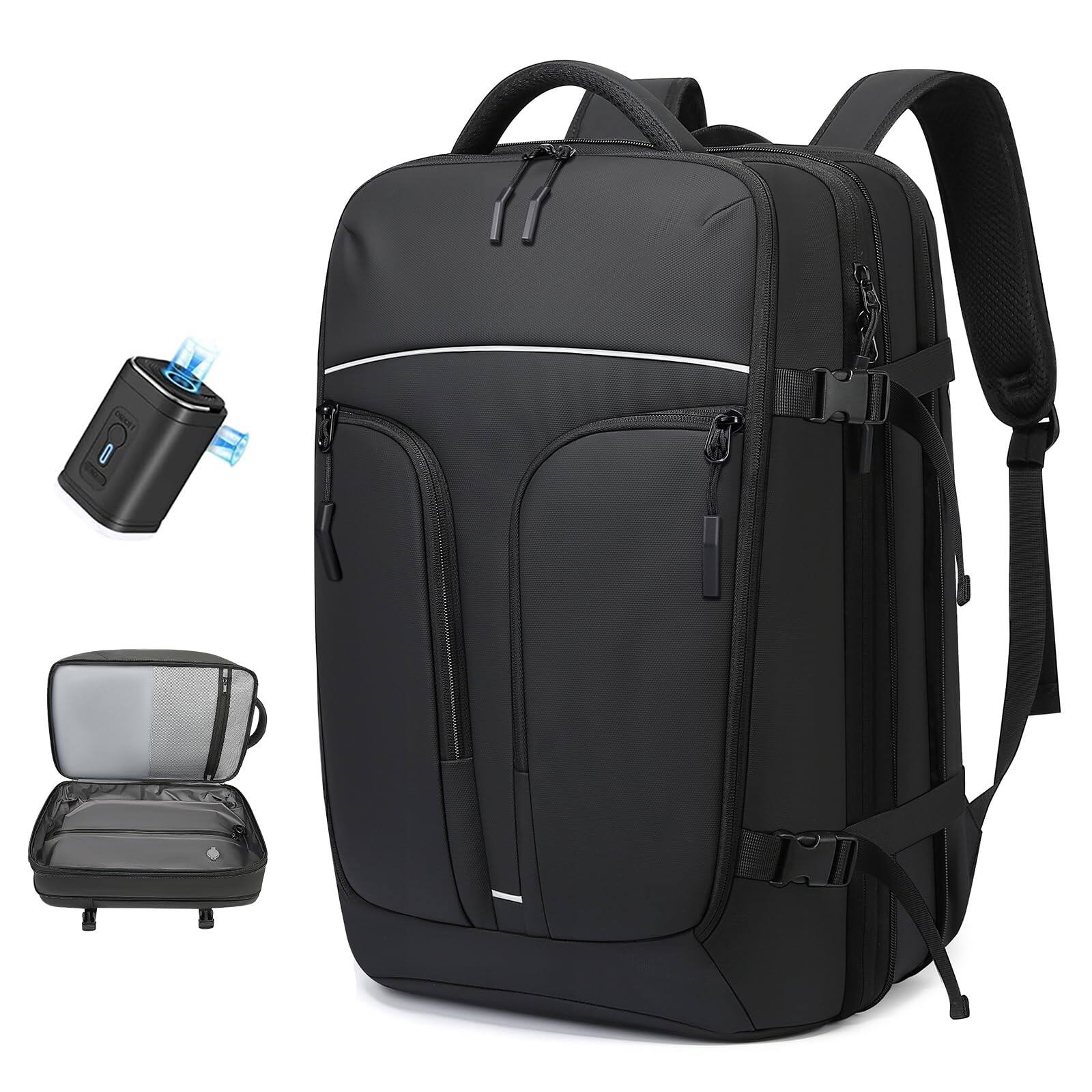 Front. Cozy Serene - Travel Carry On Backpack 50l Expandable Flight Approved Backpacks 17.3 Inch Laptop And Usb Charging Port Bags Water - Black-47l(5-7days Travel With Pump)-Vacuum.