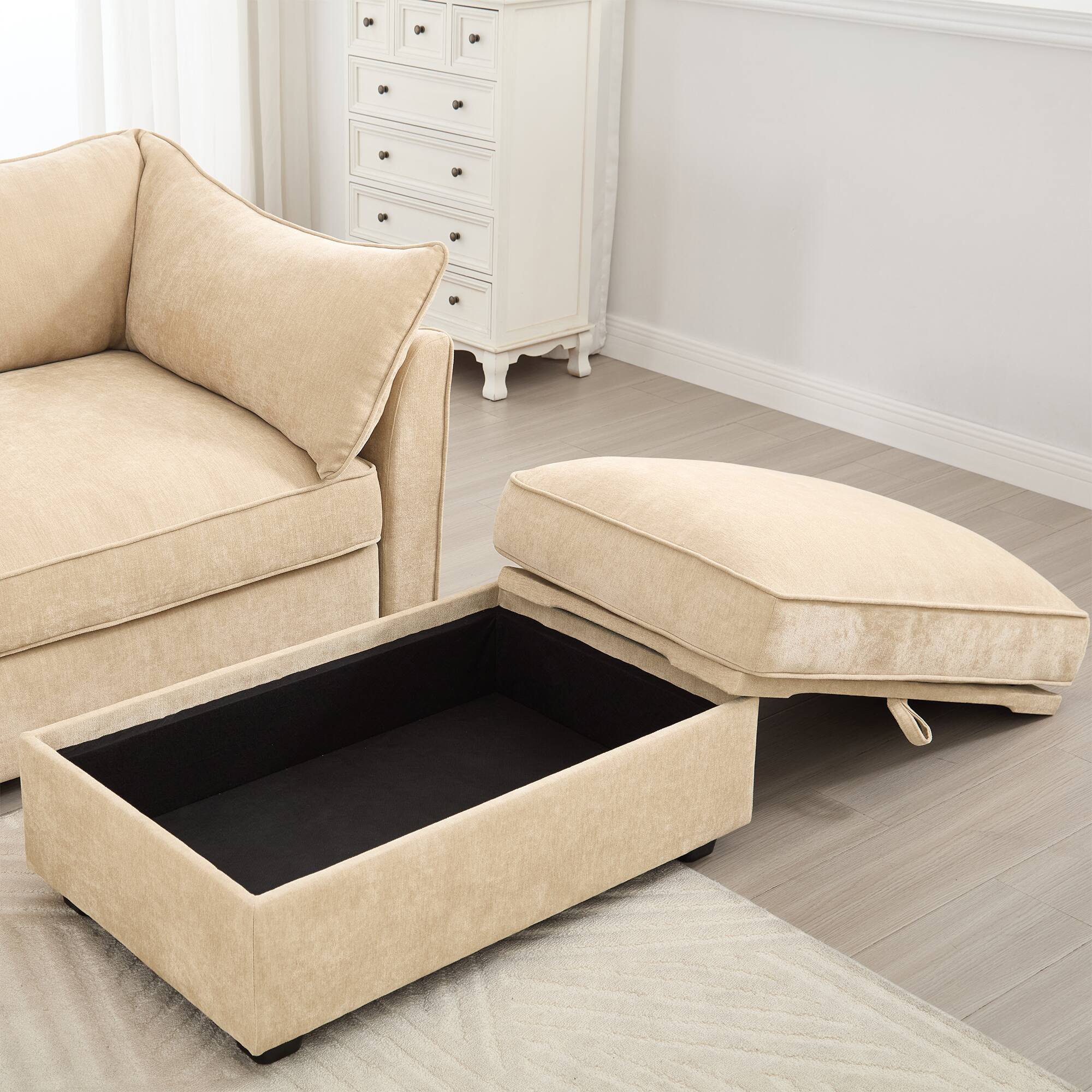 Alt View 1. Aukfa - 2-Seater Sofa with 2 Storage Footstools - Pull-Out Drawers Under Each Seat, Chenille Fabric - Hazelwood.