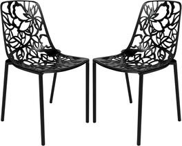 LeisureMod - Devon (Set of 2) Aluminum Outdoor Dining Chair, UV Resistant & Stackable Floral Design Accent Chair - Fully Assembled - Black