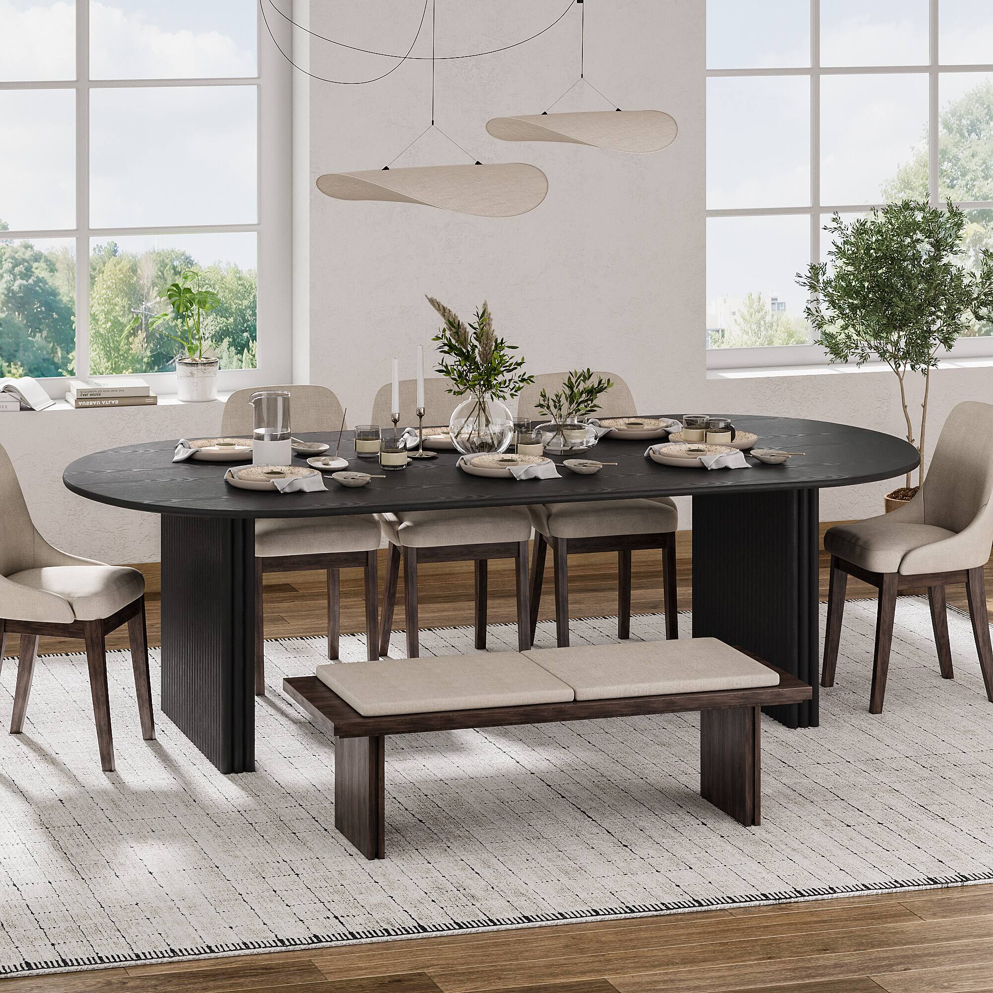 Alt View 1. PexFix - Solid Oak Farmhouse Dining Table for 8, 79" Minimalist Oval Kitchen Table with Double Pedestal Base - Black.