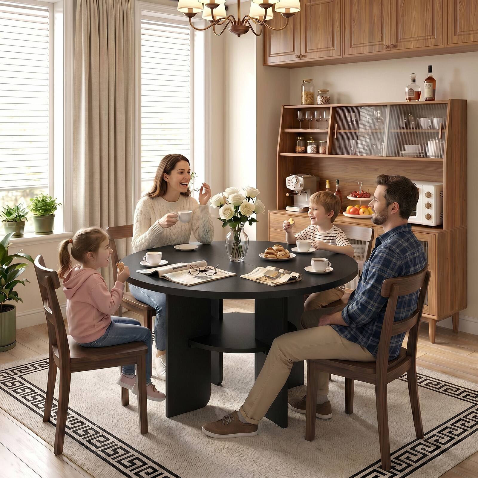 Left. Bestier - Modern Dining Table with Built-in Storage, Metal-Wrapped Wood Legs, Stable Triangular Base - Black.