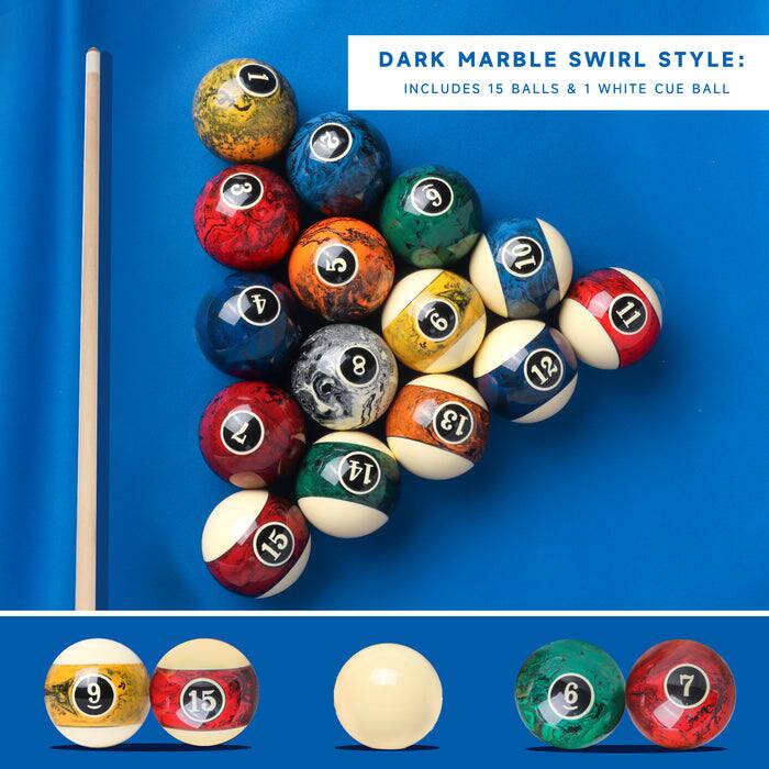 1 DARK MARBLE SWIRL STYLE: INCLUDES 15 BALLS & 1 WHITE CUE BALL

3, 4, 7, 1, 5, 8, 14, 9, 6, 13, 10, 12, 11, 15, 9, 15, 6, 7