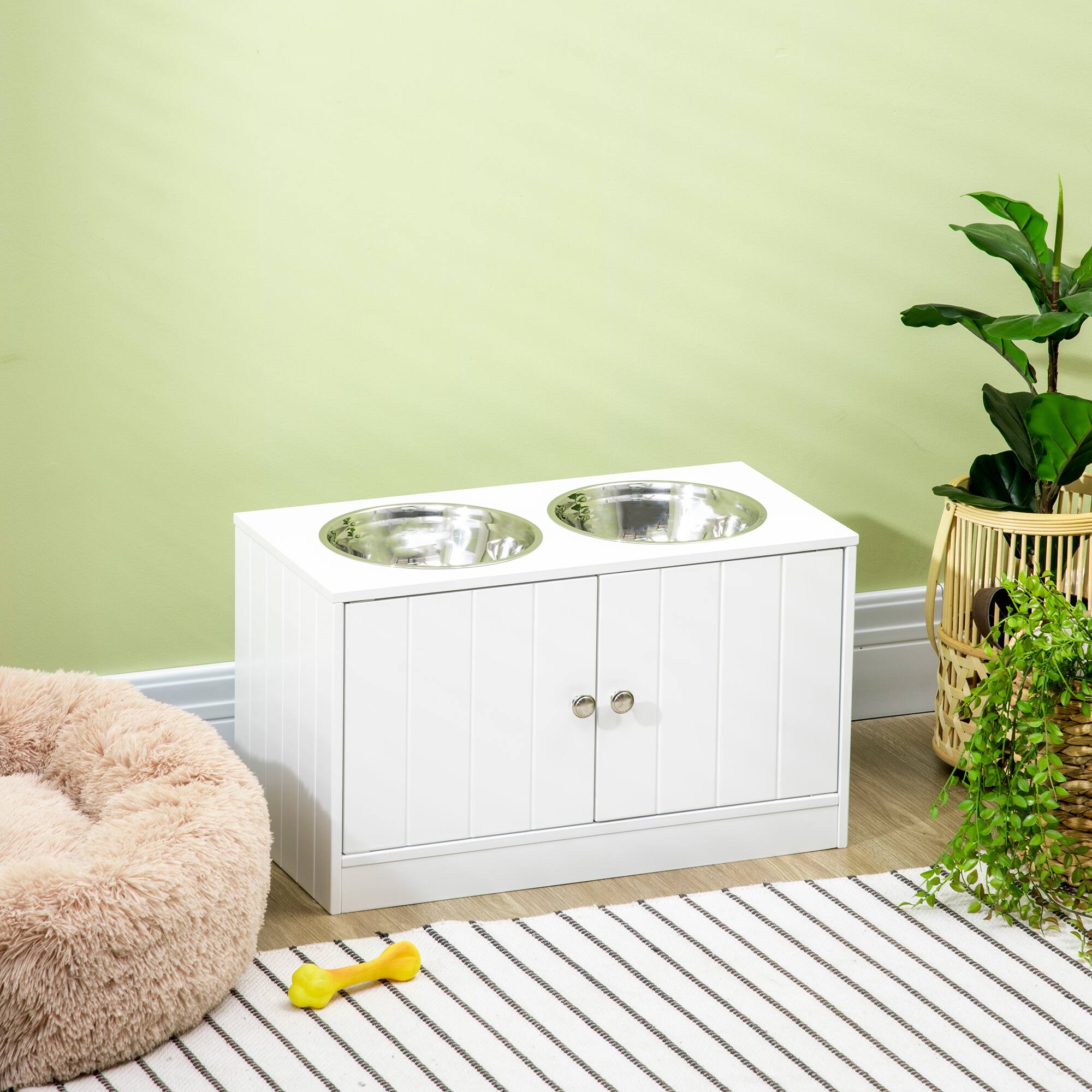 Alt View 1. Pawhut - Elevated Dog Bowls with Storage Cabinet Containing Large 44L Capacity - White.