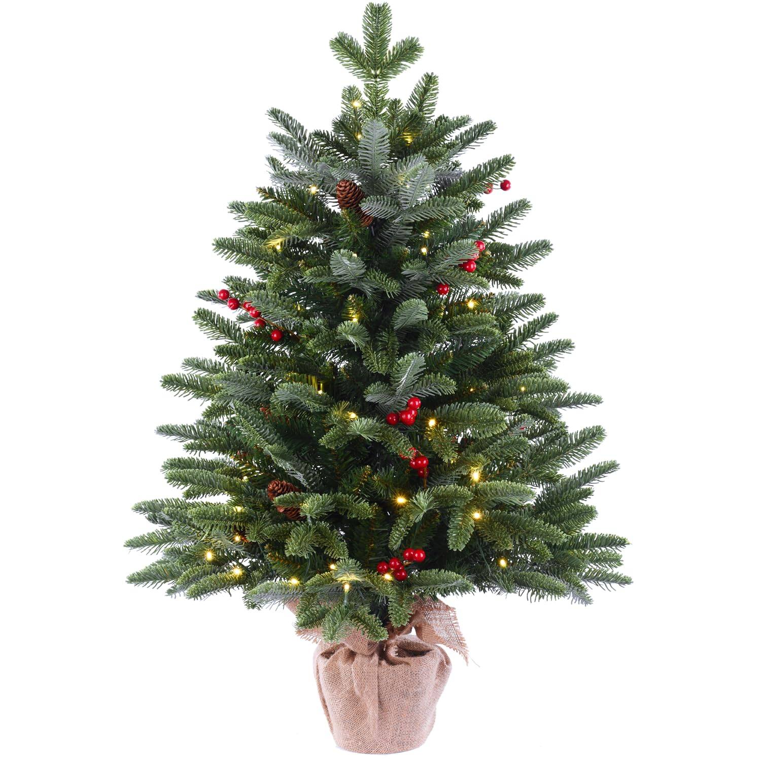 Front. TECH SAFARI - Artificial Christmas Tree With 70 Led Lights Mini Xmas Trees Cement Burlap Base Basin For Home Tabletop - Default.