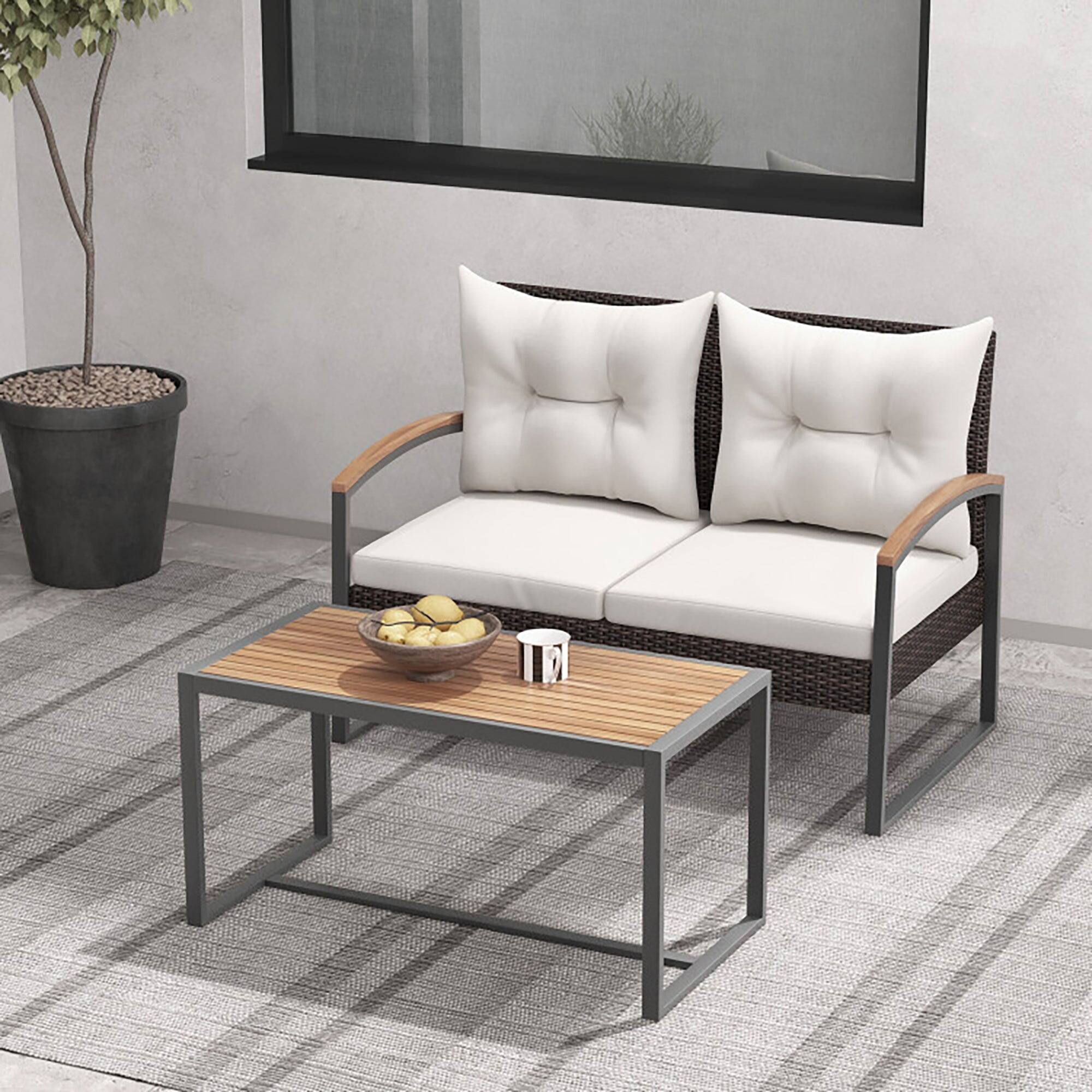 Alt View 8. Boyel Living - 2 Pieces Patio PE Wicker Furniture Set with Acacia Wood Coffee Table - White.