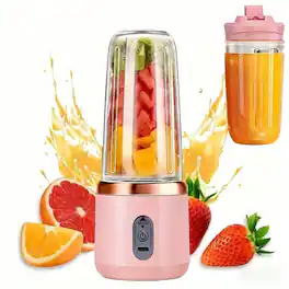 PRIMEPLUS - Portable Blender with 2 Cups, 400ml Personal Smoothie Maker, 6-Leaf 304 Stainless Steel Blade, 1500mAh USB Rechargeable - Pink