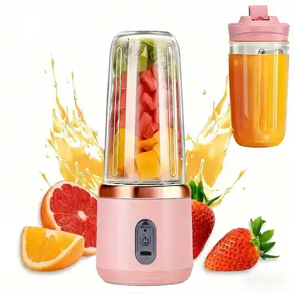 Front. PRIMEPLUS - Portable Blender with 2 Cups, 400ml Personal Smoothie Maker, 6-Leaf 304 Stainless Steel Blade, 1500mAh USB Rechargeable - Pink.