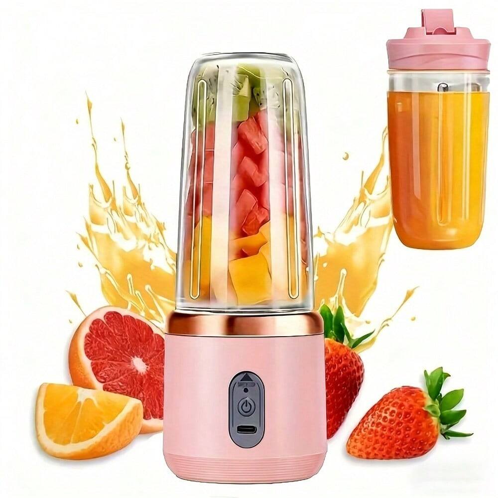 Front. PRIMEPLUS - Portable Blender with 2 Cups, 400ml Personal Smoothie Maker, 6-Leaf 304 Stainless Steel Blade, 1500mAh USB Rechargeable - Pink.