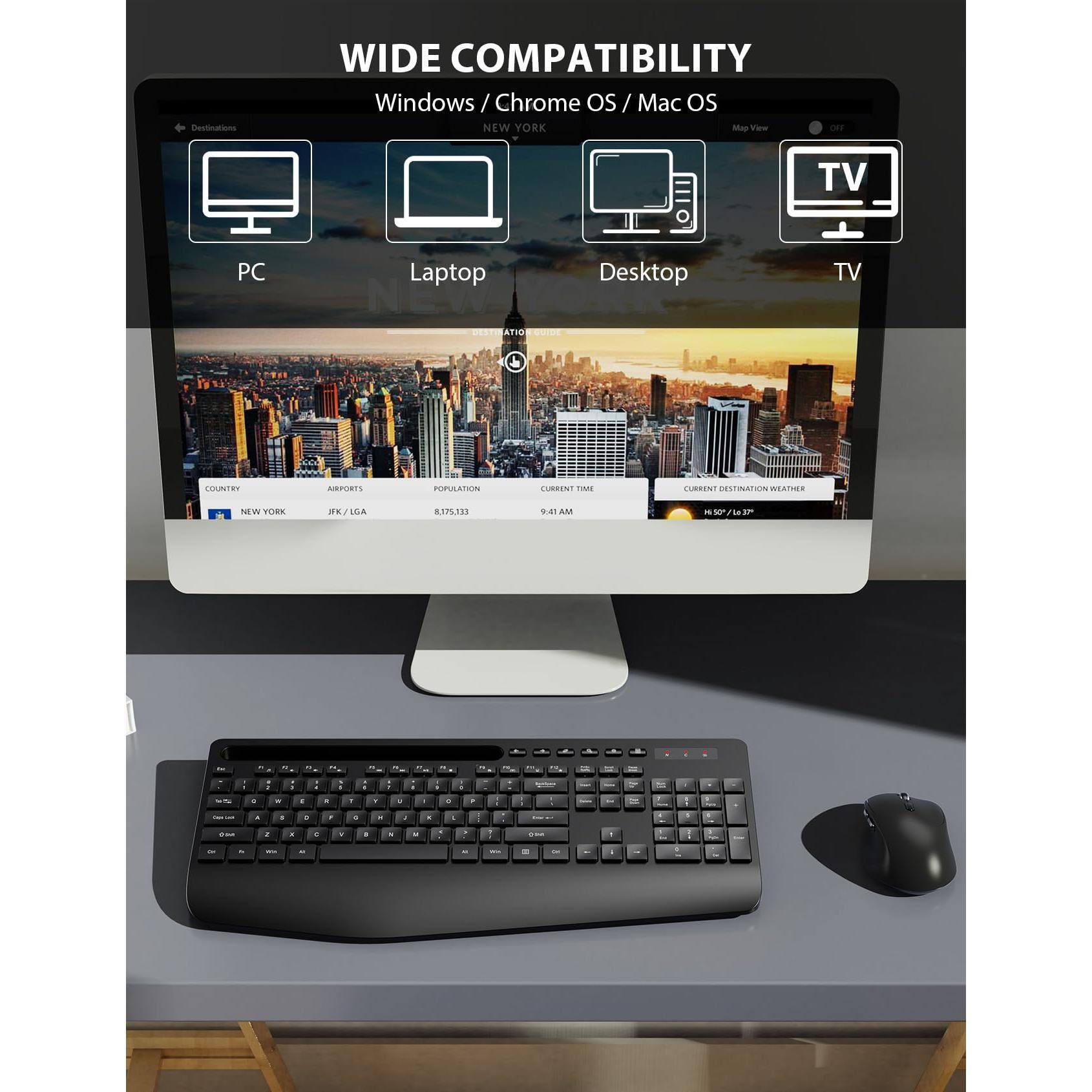 WIDE COMPATIBILITY  
Windows / Chrome OS / Mac OS  

PC  
Laptop  
Desktop  
TV  

NEW YORK  
JFK / LGA  
8,751,133  
9  

CURRENT TIME  
9:41 AM  

CURRENT DESTINATION WEATHER  
80°F / 27°C