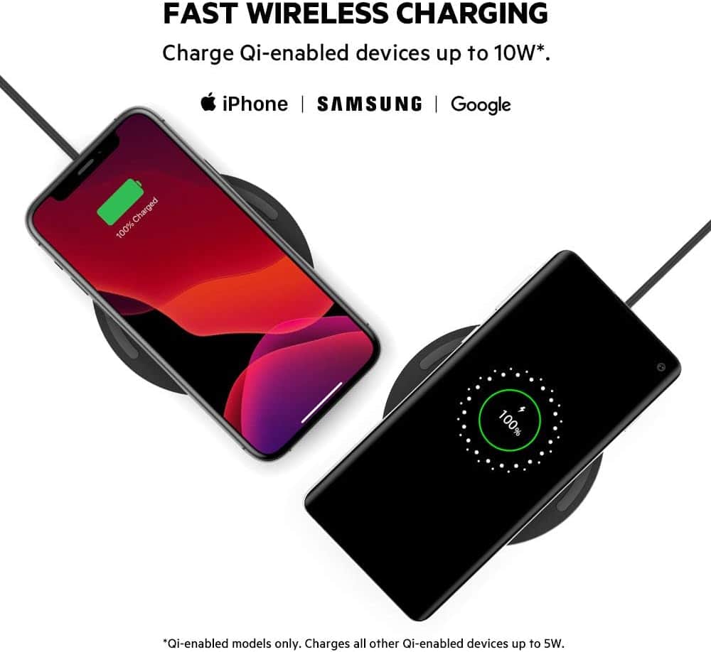 FAST WIRELESS CHARGING Charge Qi-enabled devices up to 10W. iPhone, SAMSUNG, and Google Charged 100% 100% "Qi-enabled models only. Charges all other Qi-enabled devices up to 5W."
