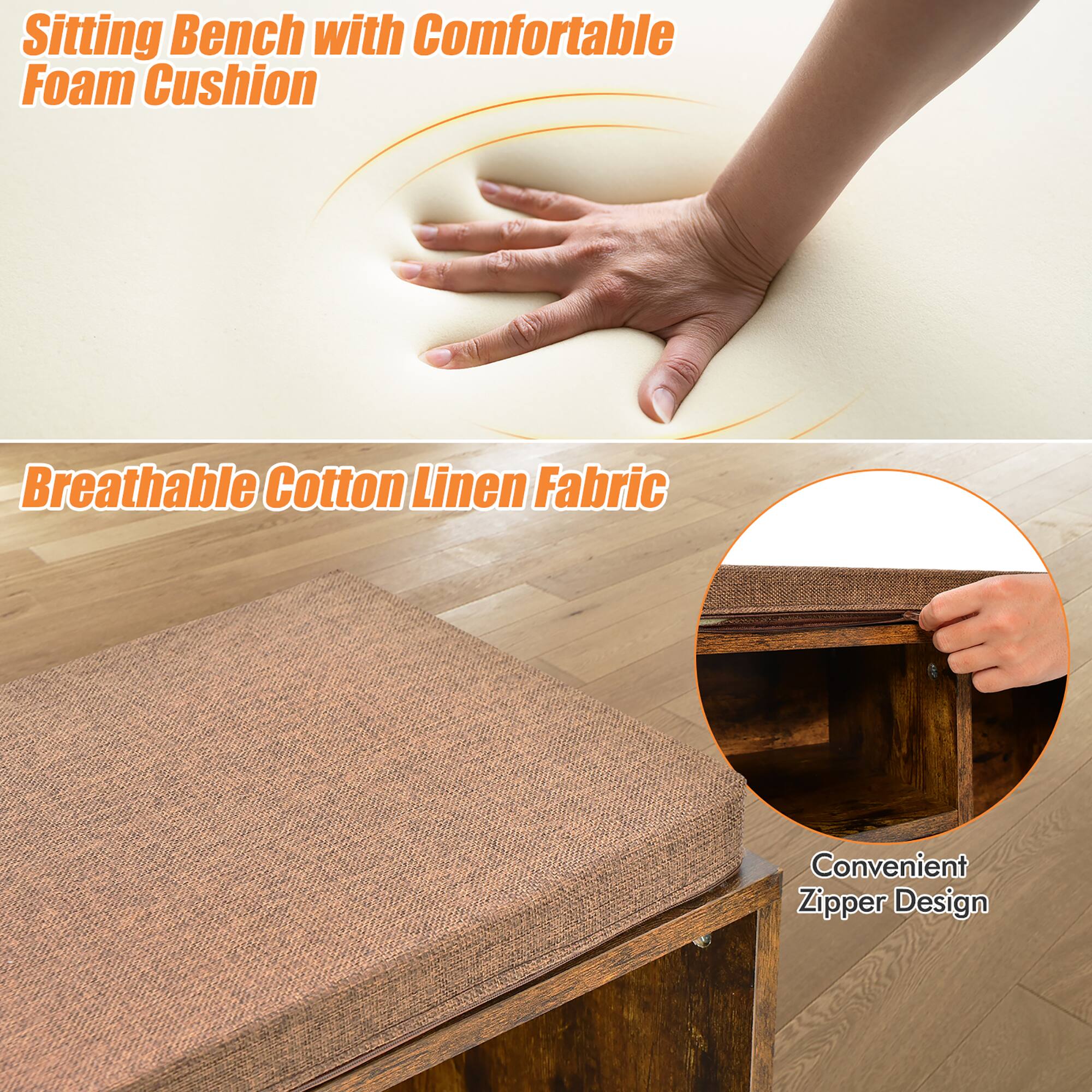 Sitting Bench with Comfortable Foam Cushion Breathable Cotton Linen Fabric Convenient Zipper Design