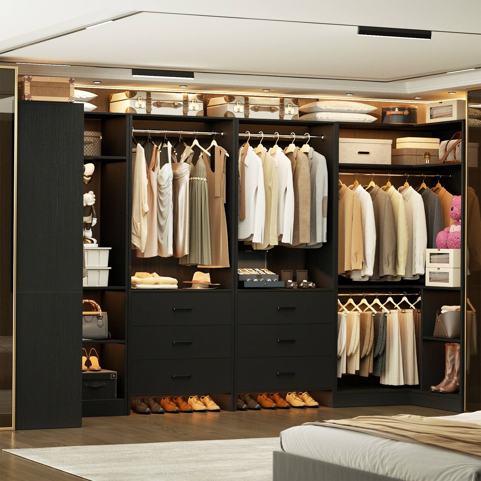 Back. Aheaplus - U-Shaped Closet Organizer System with 6 Drawers, 112.5" Walk-in Wardrobe System with Hanging Rods & Shelves, Set of 4 - Black.