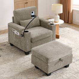 LUCKY ONE - Single Sofa Recliner w/ Manual Backrest USB Port Cup Holders Hidden Storage Ottoman - Brown