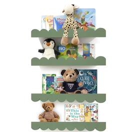 Dazzed Corner - Scalloped Floating Nursery Shelves, 16" Solid Wood Wall Bookshelves Set of 4 - Sage Wood