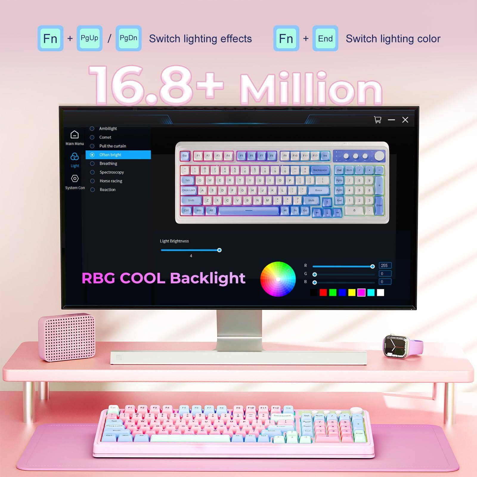 Fn + PgUp / PgDn Switch lighting effects  
Fn + End Switch lighting color  

16.8+ Million  

RGB COOL Backlight  

Light Brightness  

Ambilight  
Comet  
Put the curtain  
Breathing  
Spectroscopy  
Horse racing  
Reaction  

Light Brightness  

RGB COOL Backlight