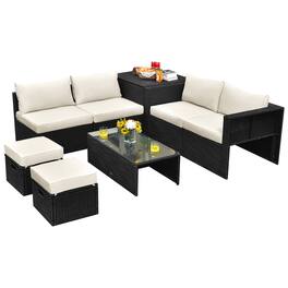 Costway - 8PCS Patio Rattan Furniture Set Storage Table Ottoman Off cover - Off White