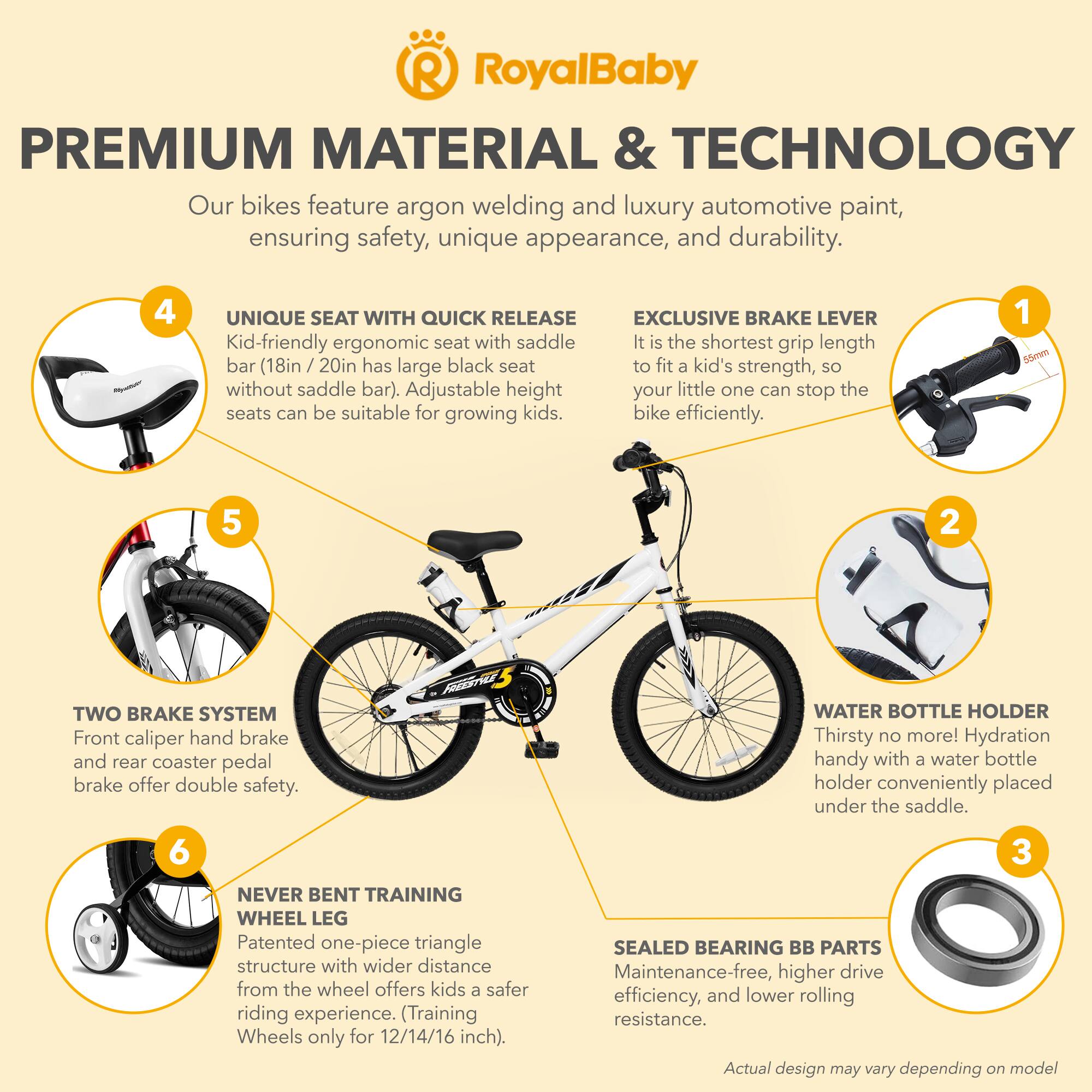 RoyalBaby PREMIUM MATERIAL & TECHNOLOGY  
Our bikes feature argon welding and luxury automotive paint, ensuring safety, unique appearance, and durability.  

1. EXCLUSIVE BRAKE LEVER  
It is the shortest grip length bar (18in / 20in has large black seat to fit a kid's strength, so your little one can stop the bike efficiently.  

2. UNIQUE SEAT WITH QUICK RELEASE  
Kid-friendly ergonomic seat with saddle bar (18in / 20in has large black seat without saddle bar). Adjustable height seats can be suitable for growing kids.  

3. SEALED BEARING BB PARTS  
Maintenance-free, higher drive efficiency, and lower rolling resistance.  

4. TWO BRAKE SYSTEM  
Front caliper hand brake and rear coaster pedal brake offer double safety.  

5. WATER BOTTLE HOLDER  
Thirsty no more! Hydration handy with a water bottle holder conveniently placed under the saddle.  

6. NEVER BENT TRAINING WHEEL LEG  
Patented one-piece triangle structure with wider distance from the wheel offers kids a safer riding experience. (Training Wheels only for 12/14/16 inch).  

Actual design may vary depending on model