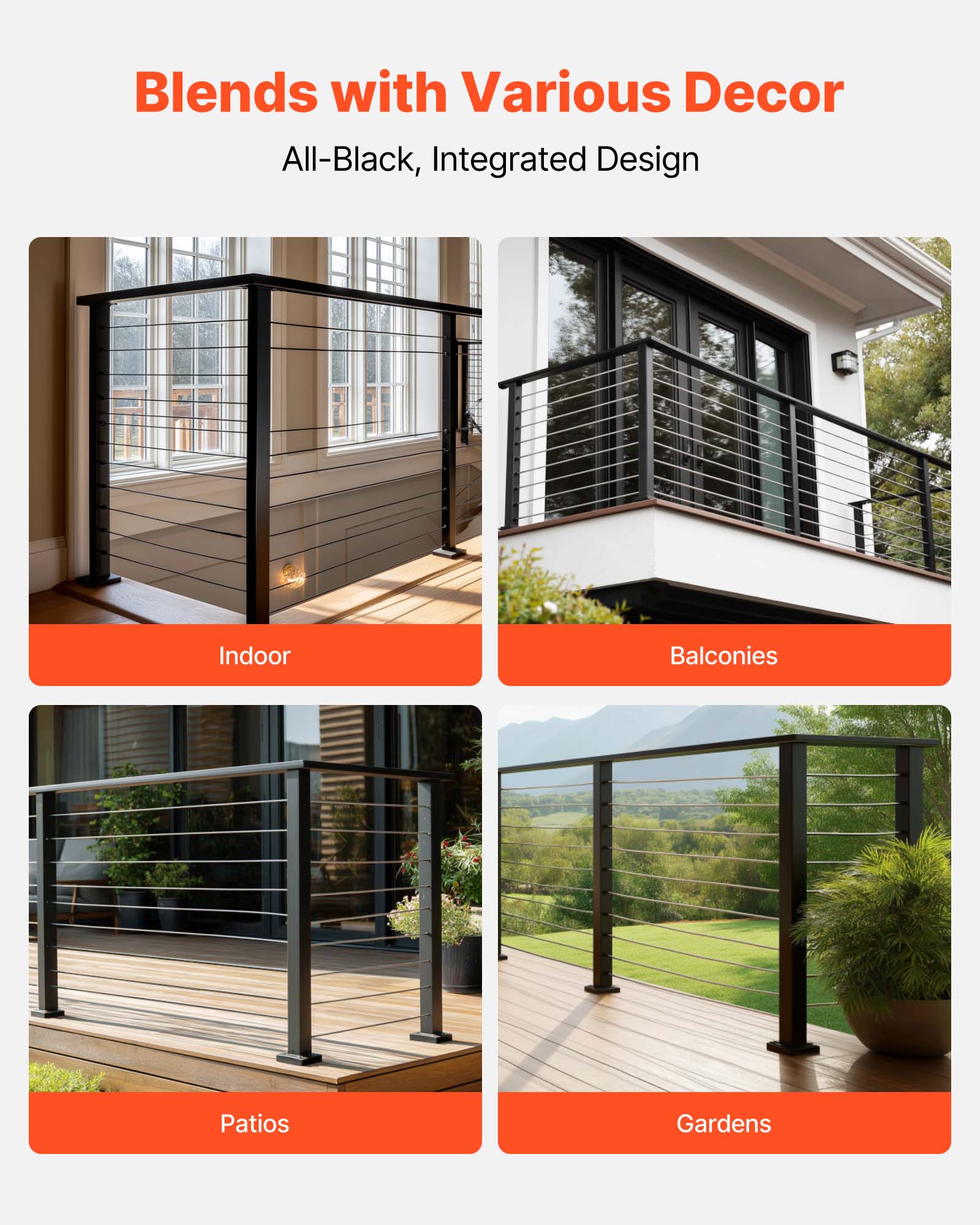 Blends with Various Decor  
All-Black, Integrated Design  

Indoor  
Balconies  
Patios  
Gardens