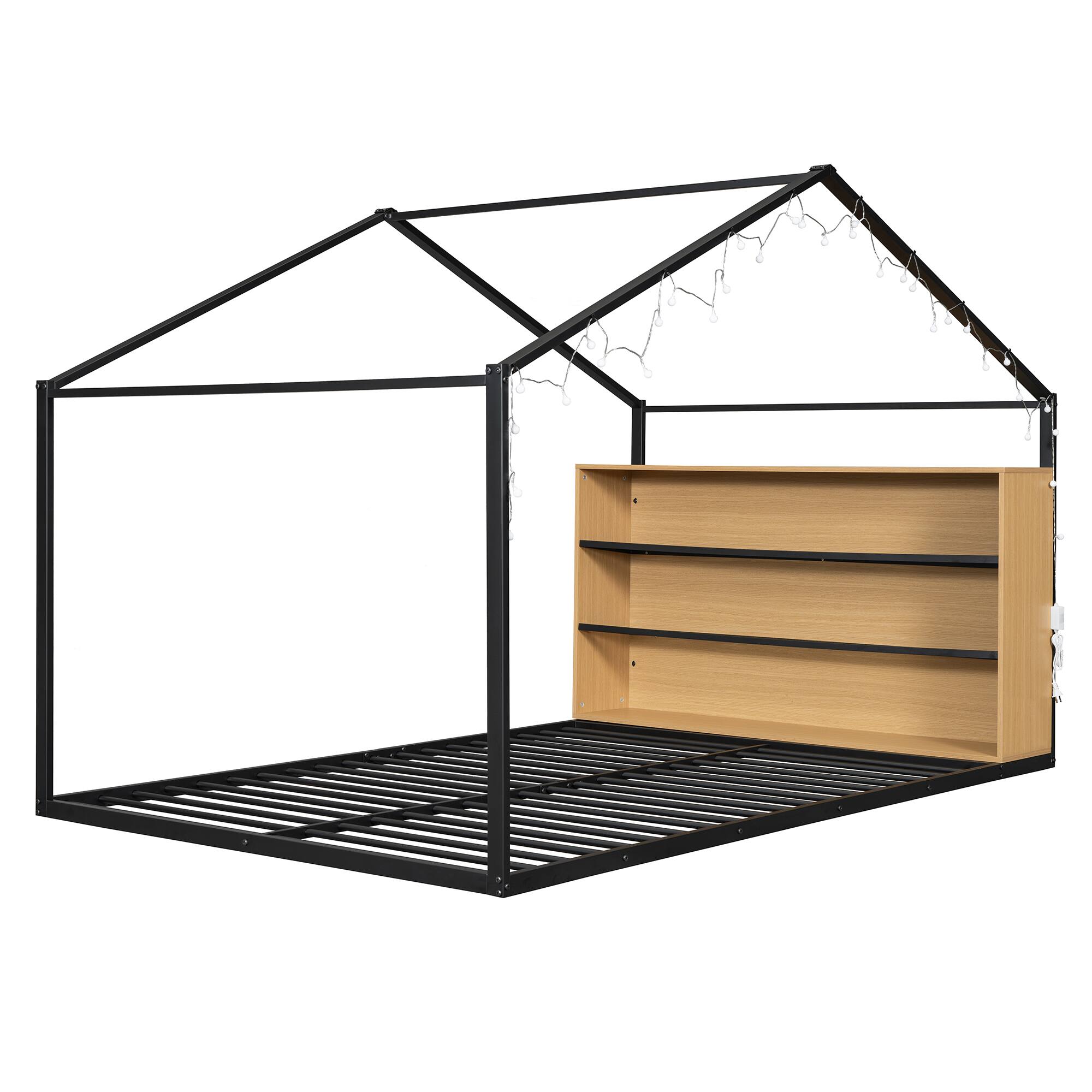 Alt View 1. GOODSILO - Full Size Metal House Bed Frame with Shelves and Lights - Black.