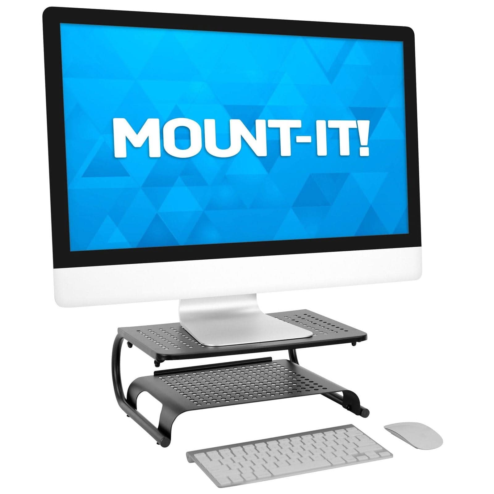 Angle. Mount-It! - Two Tier Monitor Stand with Shelf | Ergonomic Desk Riser for Monitors & Laptops up to 32" with Extra Storage, Black - Black.