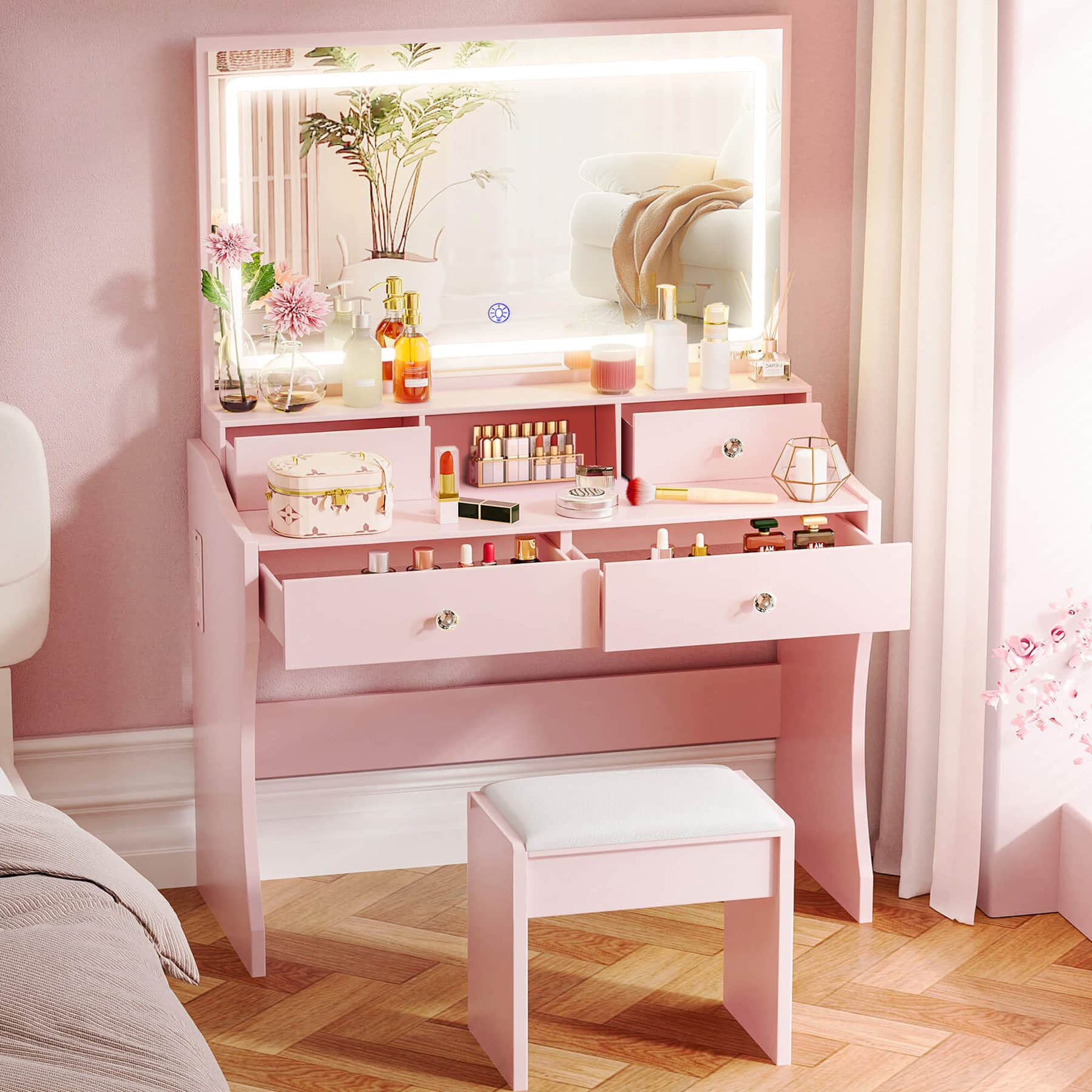 Front. CloudRest Pro - Makeup Vanity Desk with 5 Drawers and Charging Station Vanity Table and Chair LED Mirror Stepless Dimmable，Pink - Pink.