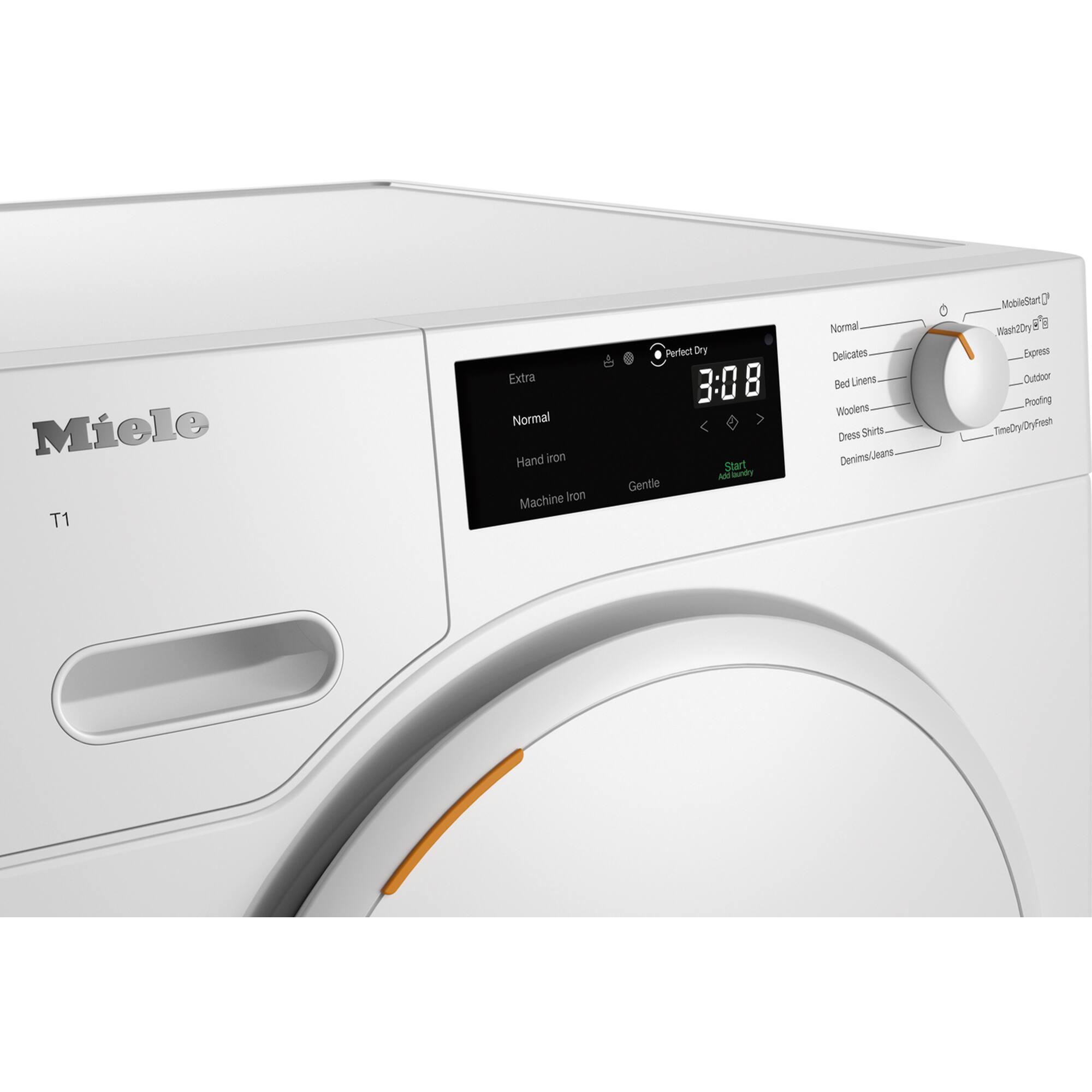 Miele T1 Extra Normal Hand Iron Machine Iron Perfect Dry 3:08 Start MobileSantD Wash2Dry Dress Shirts Denims Bed Linens Woolens Delicates Outdoor Proofing TimeDry/Proofing Gentle Normal