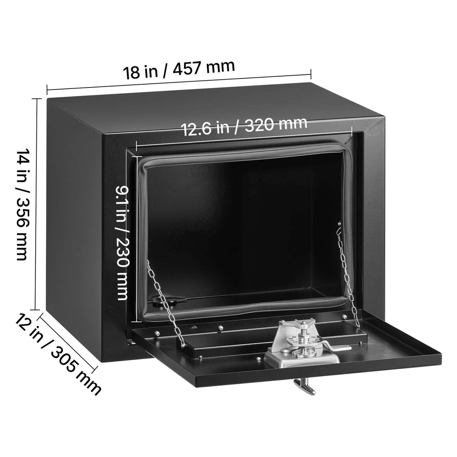18 in / 457 mm  
14 in / 356 mm  
9.1 in / 230 mm  
12.6 in / 320 mm  
12 in / 305 mm
