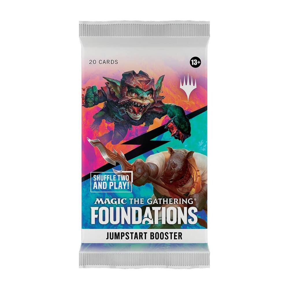 20 CARDS  
13+  
SHUFFLE TWO AND PLAY!  
MAGIC THE GATHERING FOUNDATIONS JUMPSTART BOOSTER