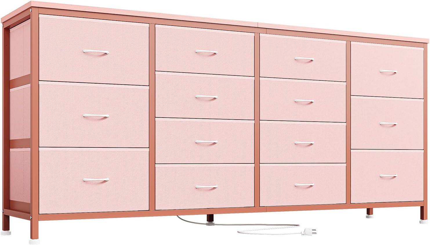 Angle. GARVEE - 14 Drawer Dresser, 63" Fabric TV Stand, Power Outlet, Long Storage Chest for 65-75" TV, Bedroom, Living, Pink - Pink.
