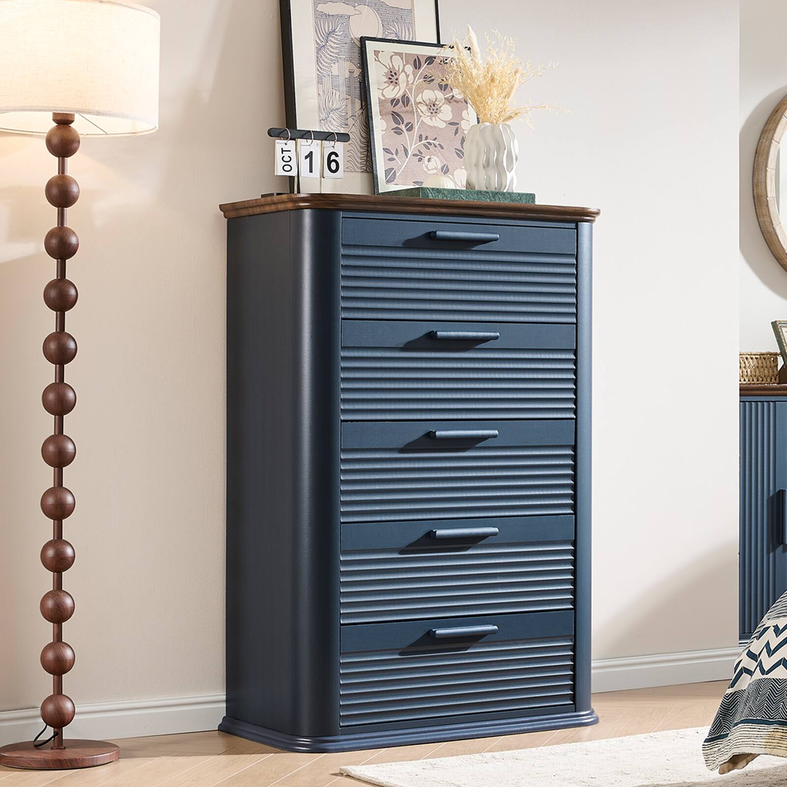 Angle. Forest'nSky - Navy Blue Wood 5 drawer 31.5 in. Wide Chest of Drawers with Curved Profile Design for Living Room - Navy Blue.