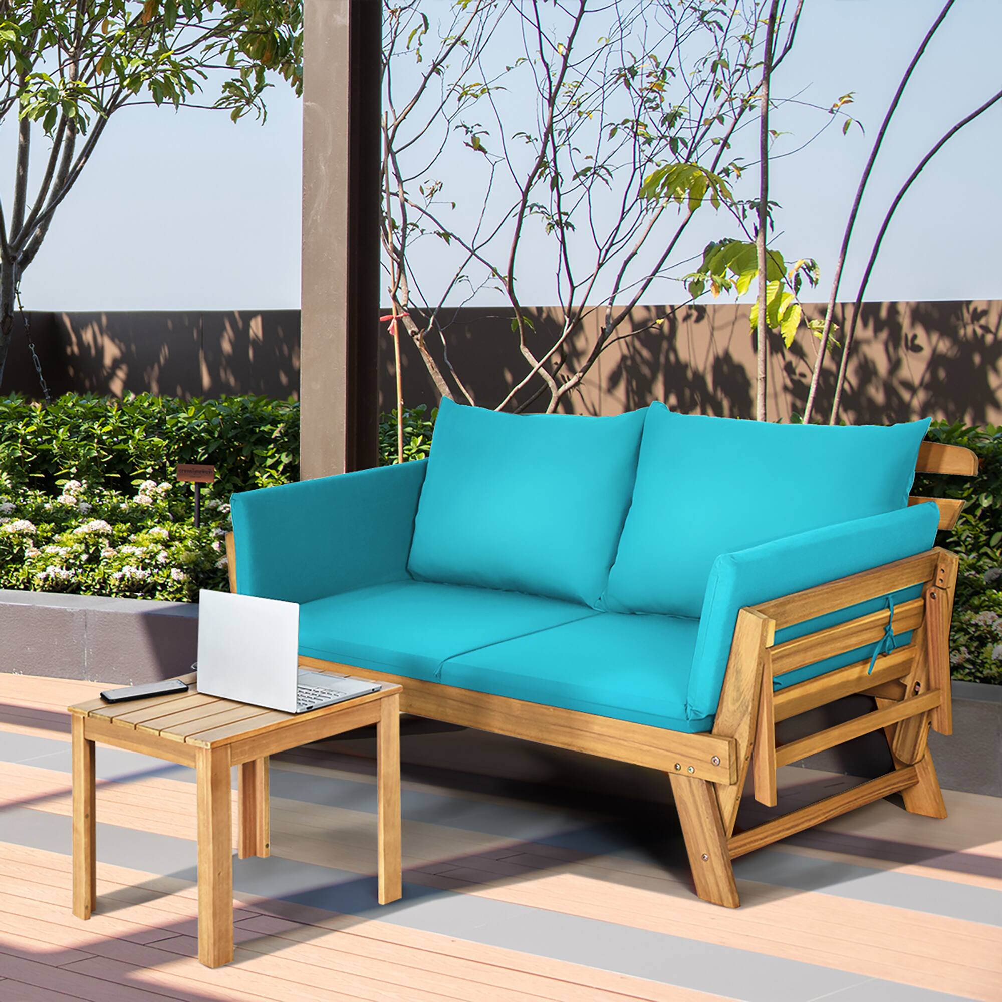Alt View 4. Costway - Costway Patio Convertible Sofa Daybed Solid Wood Adjustable Thick Cushion - Turquoise.