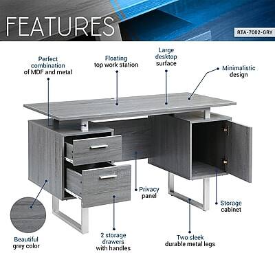FEATURES  
- Perfect Floating combination top work station of MDF and metal  
- Large desktop surface  
- Minimalistic design  
- Privacy panel  
- Storage cabinet  
- Beautiful grey color  
- 2 storage drawers with handles  
- Two sleek durable metal legs