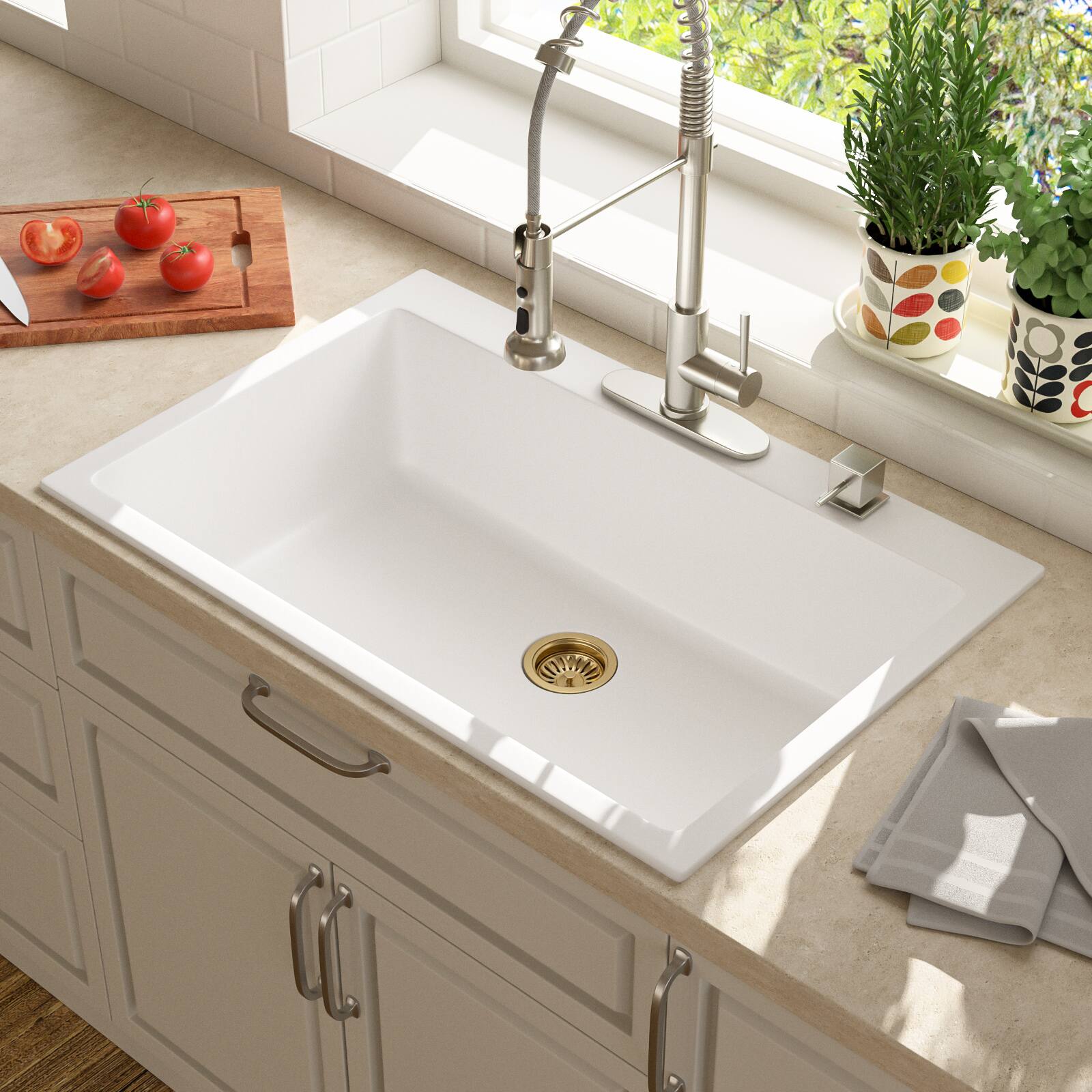 Angle. Lordear - 33x22x10 Inch White Granite Composite Drop In kitchen Sink Single Bowl Quartz Kitchen Sink - White.