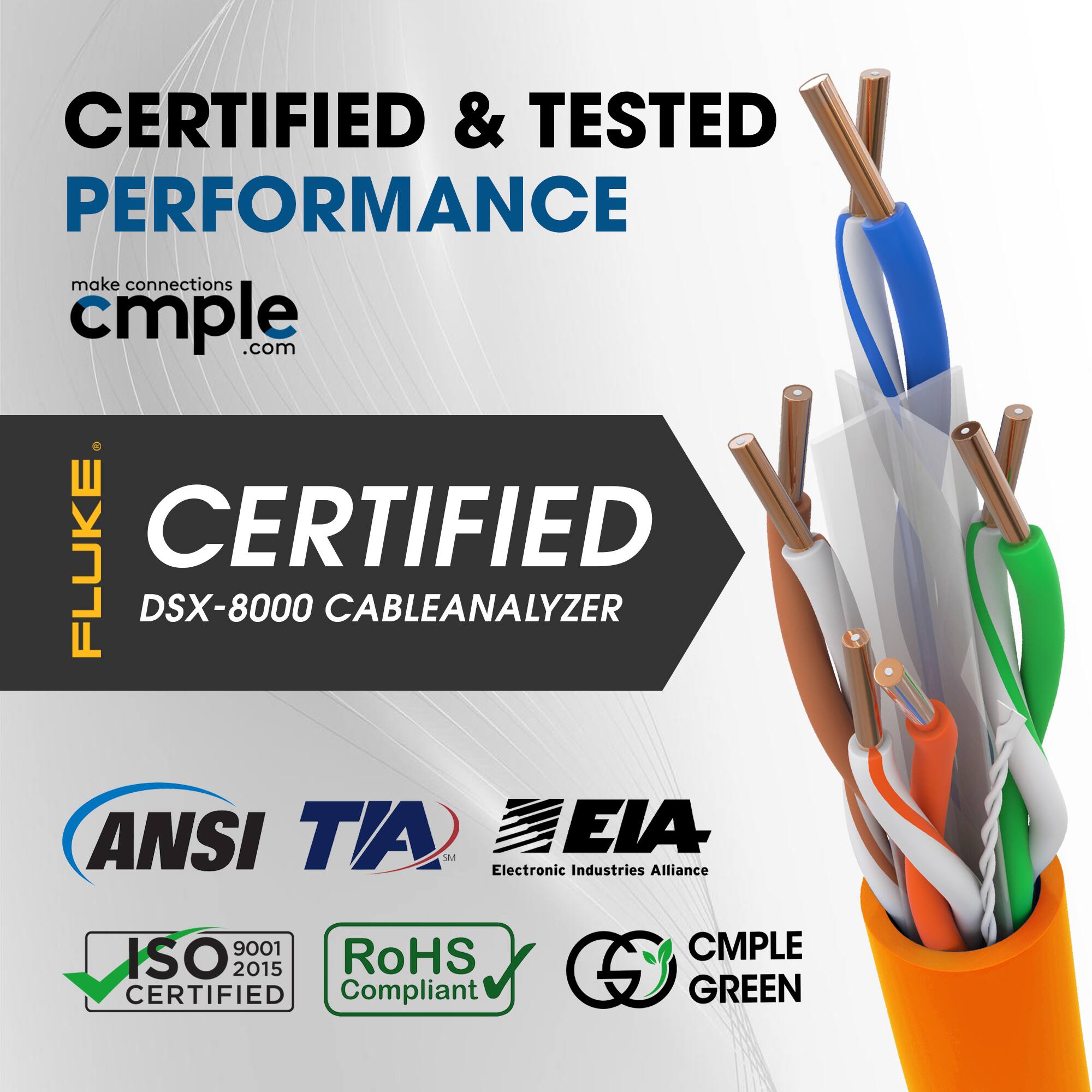 CERTIFIED & TESTED PERFORMANCE  
make connections cmple.com  

CERTIFIED  
DSX-8000 CABLEANALYZER  

ANSI TIA  
Electronic Industries Alliance  

ISO 9001 2015  
RoHS CERTIFIED Compliant  

CMPLE GREEN