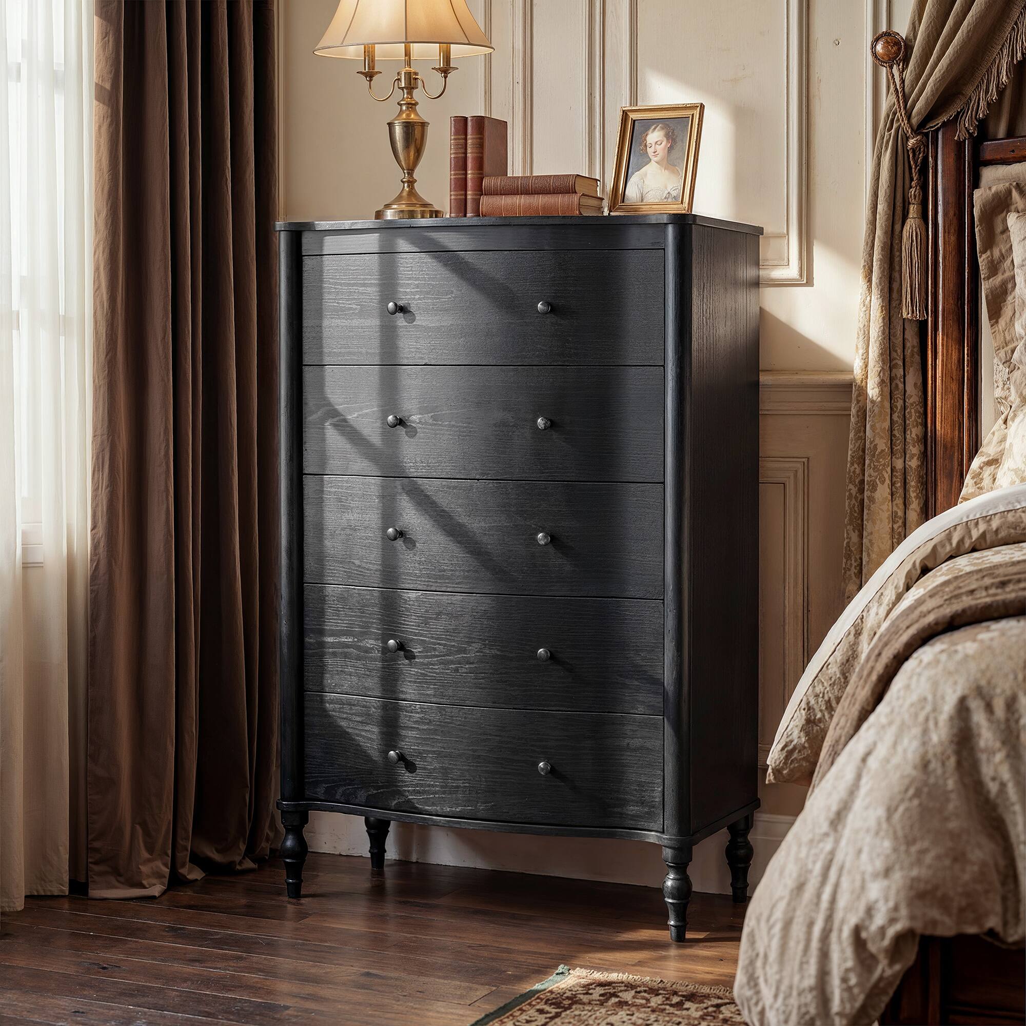 Angle. FUFU & GAGA - Vintage Curved 5-Drawer Dresser - Dark Walnut Finish Storage Chest with Fluted Front for Bedroom, Entryway, Living Room - Black.