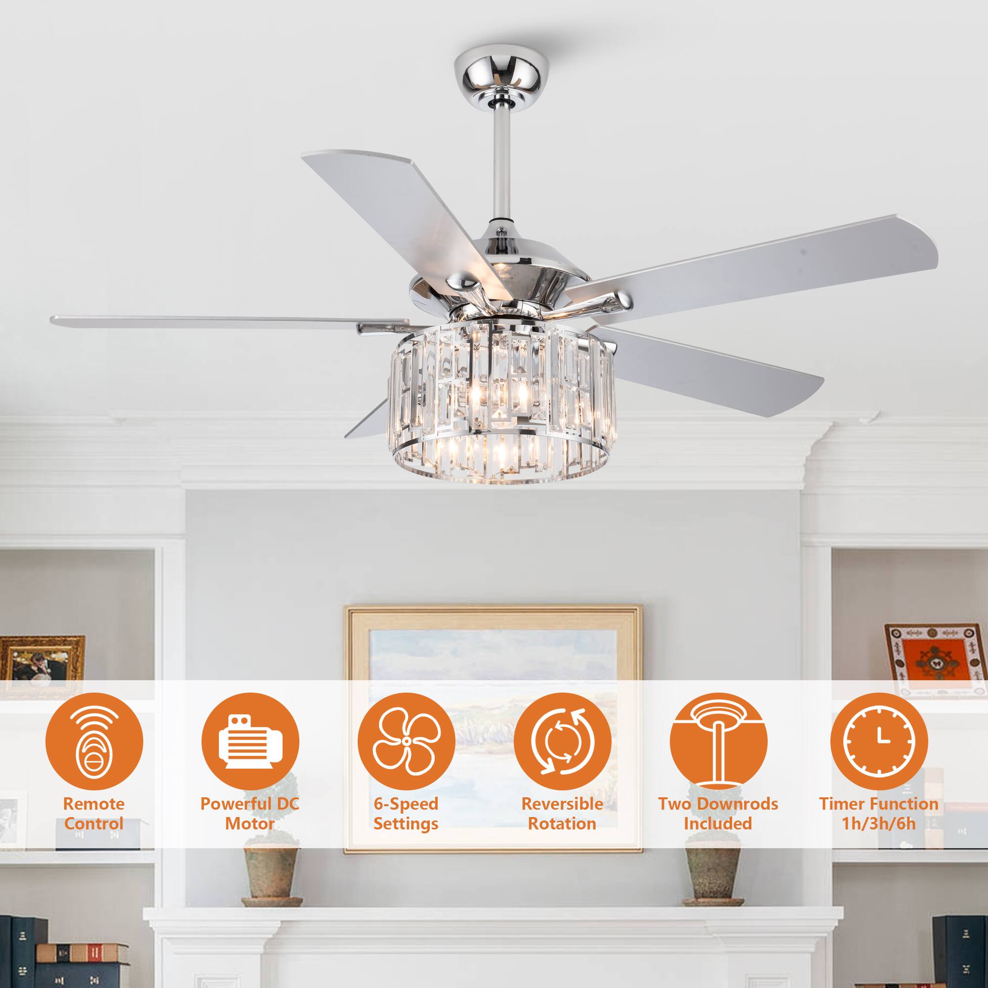 - Remote Control
- Powerful DC Motor
- 6-Speed Settings
- Reversible Rotation
- Two Downrods Included
- Timer Function 1h/3h/6h