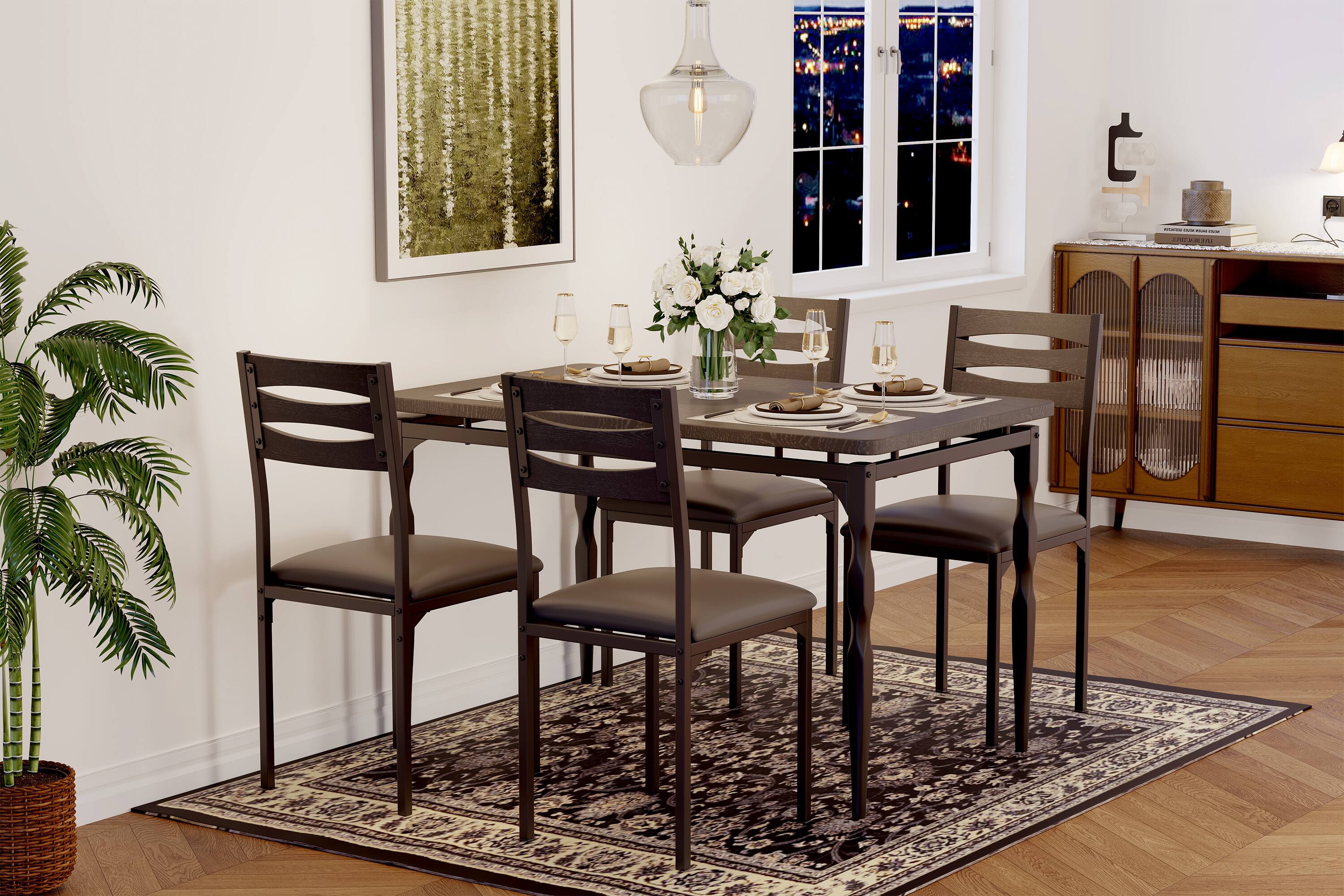 Alt View 2. Homhougo - Dining Table Set for 4, 5 Piece Dining Table and Chairs Set of 4 - Black.