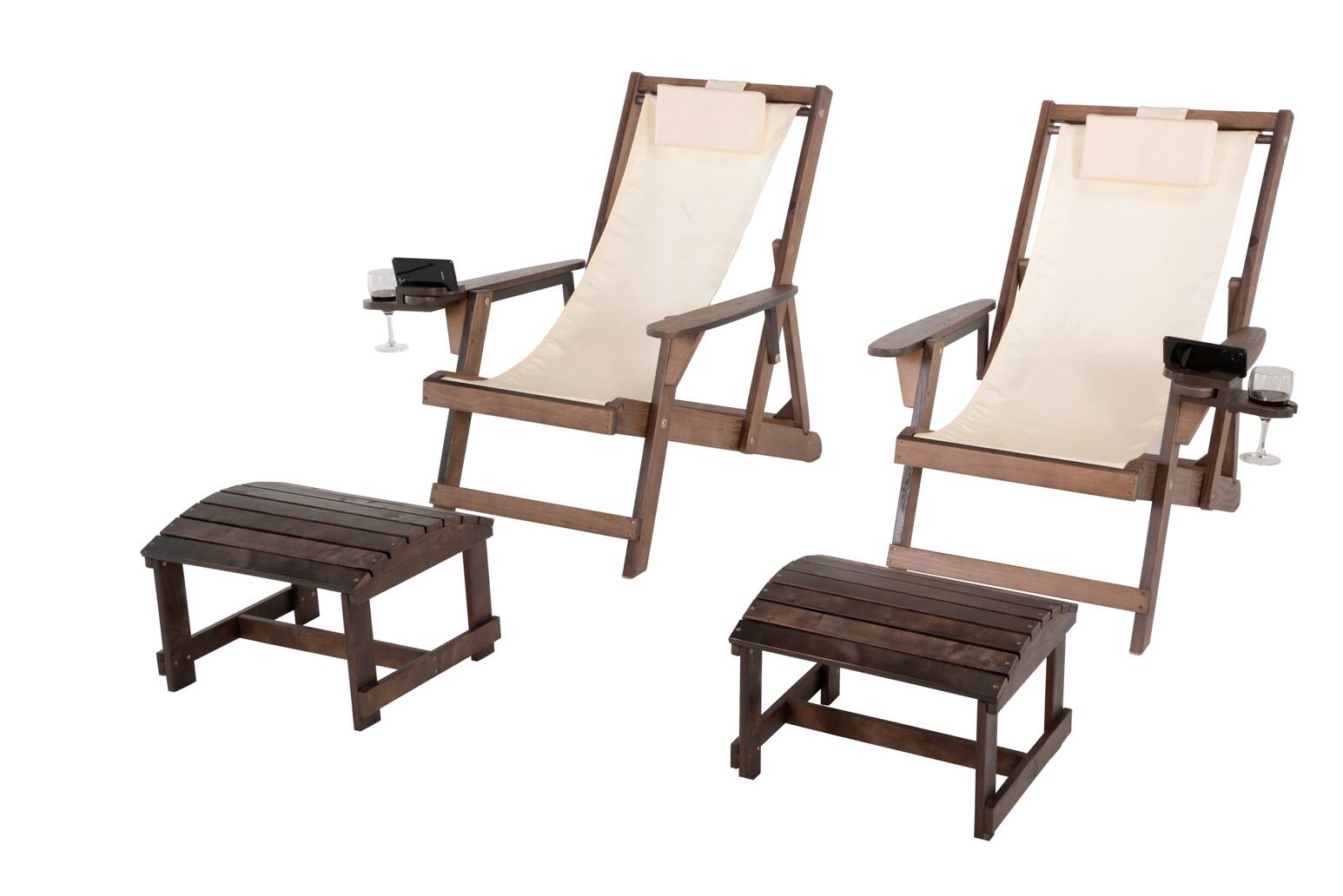 Front. Jiallo - Romantic Collection Canvas Sling Chair with Cup and Wine Holder and Ottoman (Set of 4) - Dark Brown Color with Beige Fabric.