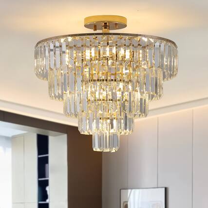 Front. Sofucor - 20" Semi Flush Mount 5-Tier Crystal Ceiling Light Fixtures for Dining Room Modern Luxury 10-Light Chandeliers Lighting - Gold.