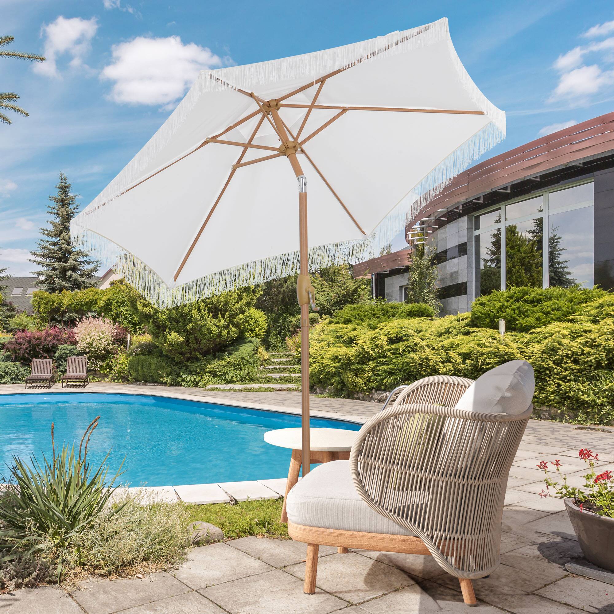 Back. Ainfox - Ainfox 7.5ft Patio Umbrella with Fringe for Event Outdoor Garden Yard Deck Wedding Themed Restaurant Cafe Bistro Set - Beige.
